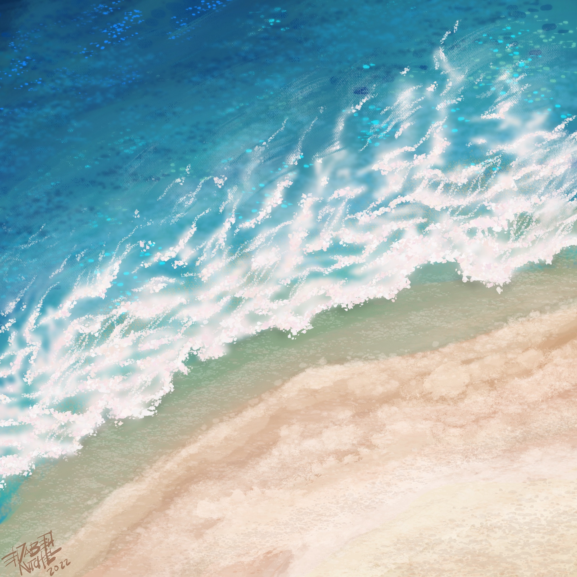 Ocean waves lap the beach shore.