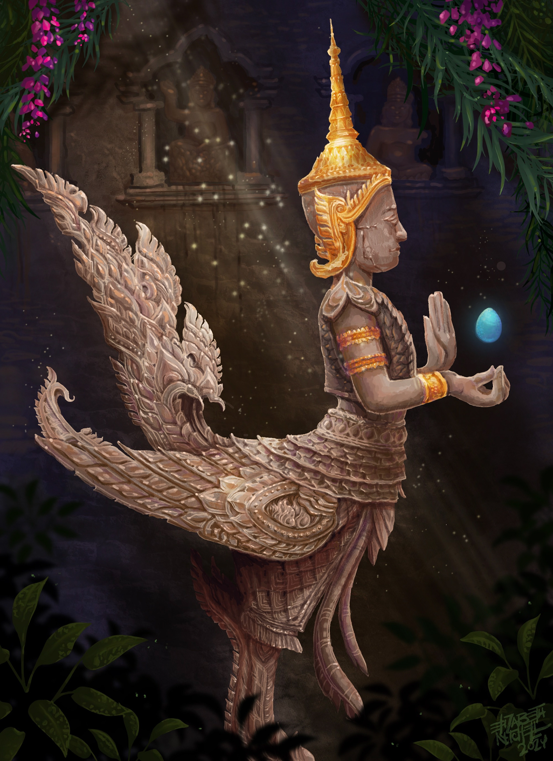 a stone kinnara levitates a blue egg in a jungle temple. Stone gods preside over the view from niches in the vine covered wall. The kinnara is stone and its wings and tail and decorative elements follow a fractal pattern in Thai art called a "kranok" that looks like a flame. The kinnara has a gold headdress and gold bracelets.