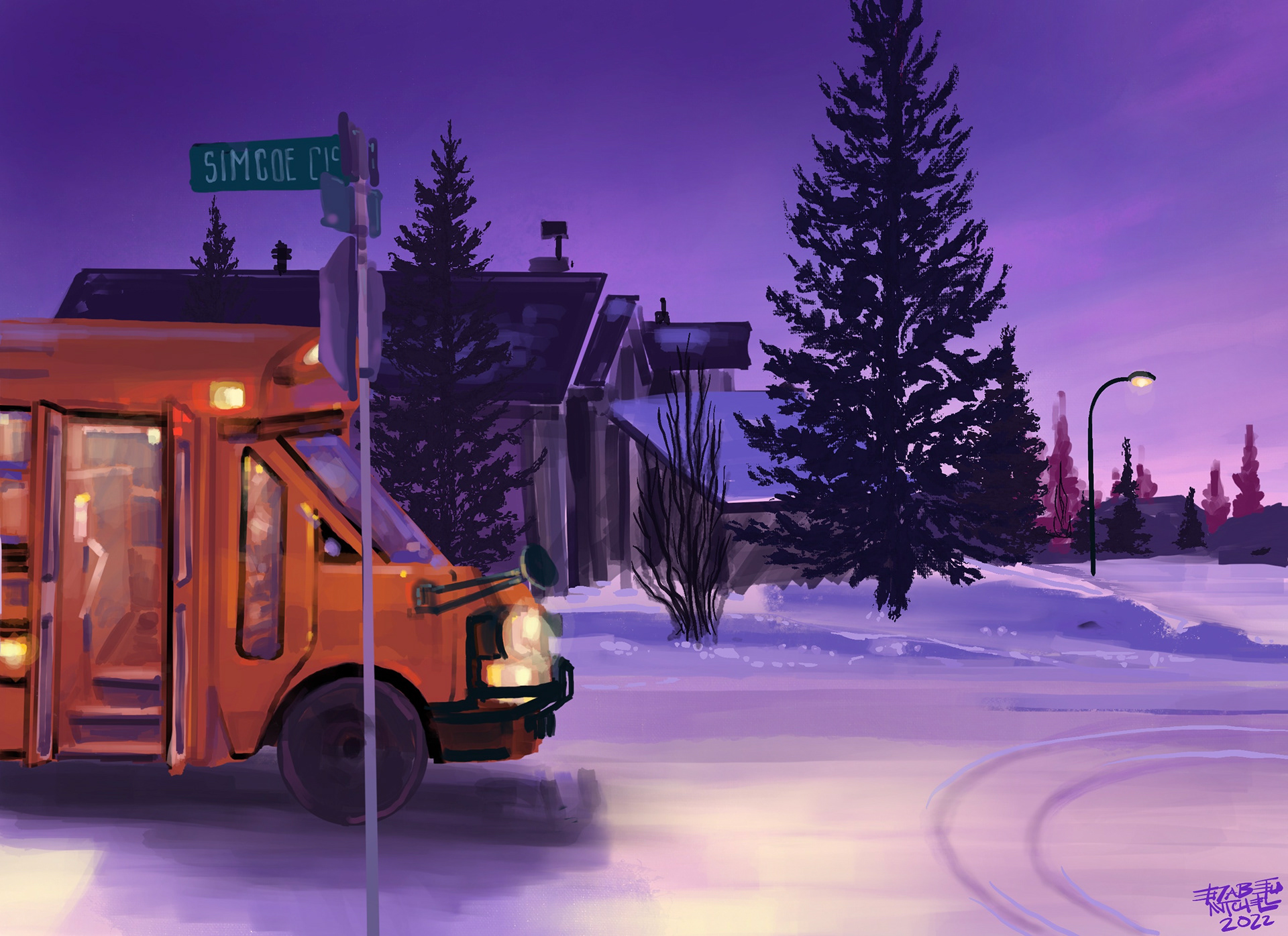 A schoolbus opens doors to warmth in the cold Canadian pre-dawn.