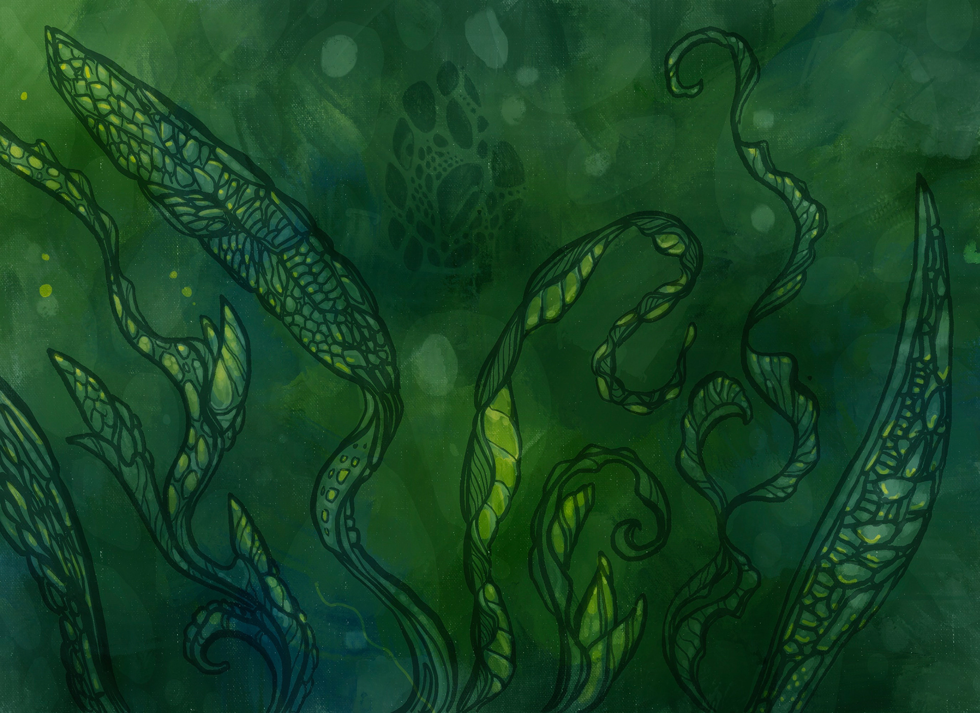 Alien fronds and pods wave in a green current.