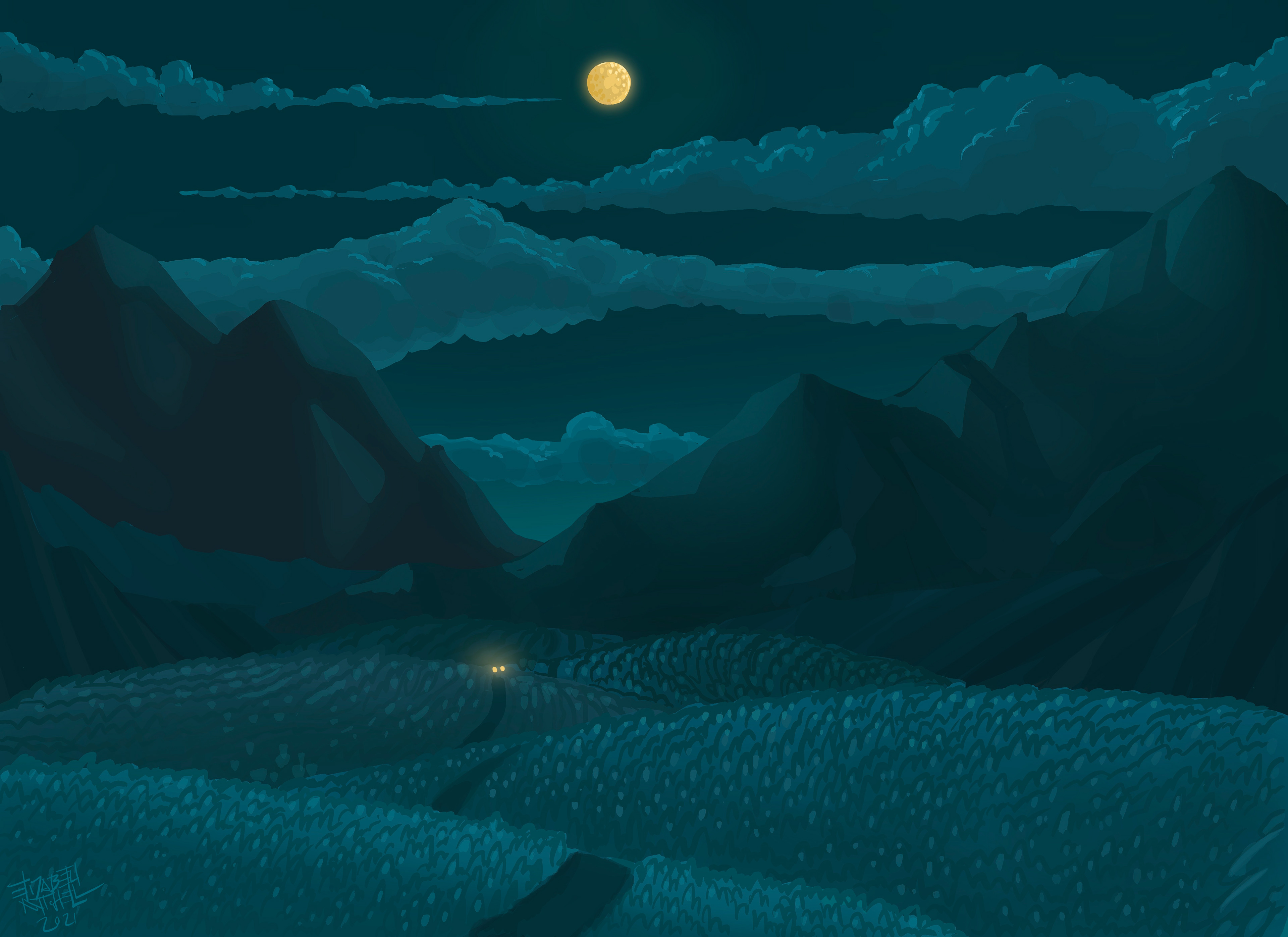 A stylized view of the Canadian Rockies at night, inspired by the paintings of Lawren Harris and a road trip to Banff in the darkness.