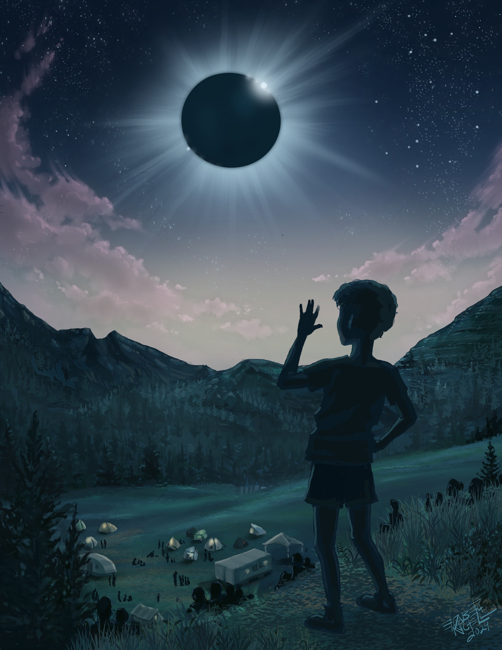 Child watching an eclipse at the point that the Baily's Beads are visible.