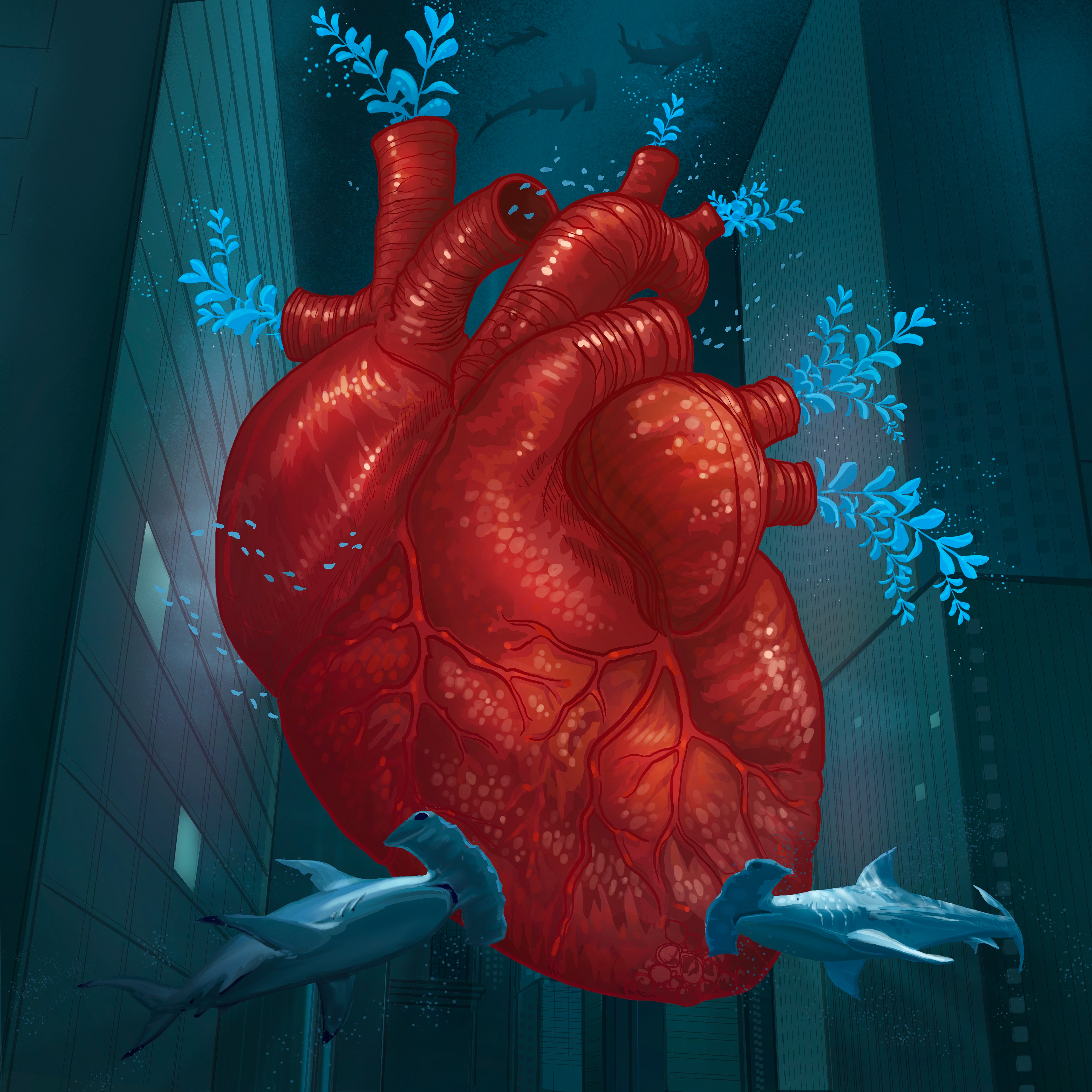 a floating red heart is suspended between buildings in a drowned city. Saltwater sharks, specifically hammerheads, circle this strange anatomical presence, and small fish seem to have made their homes in the various aortal and ventricular passages. Surreal teal plants also grow out of various orifices. The predominant colour scheme is teal and red, with the red being highly saturated and bright compared to the cooler tones.
