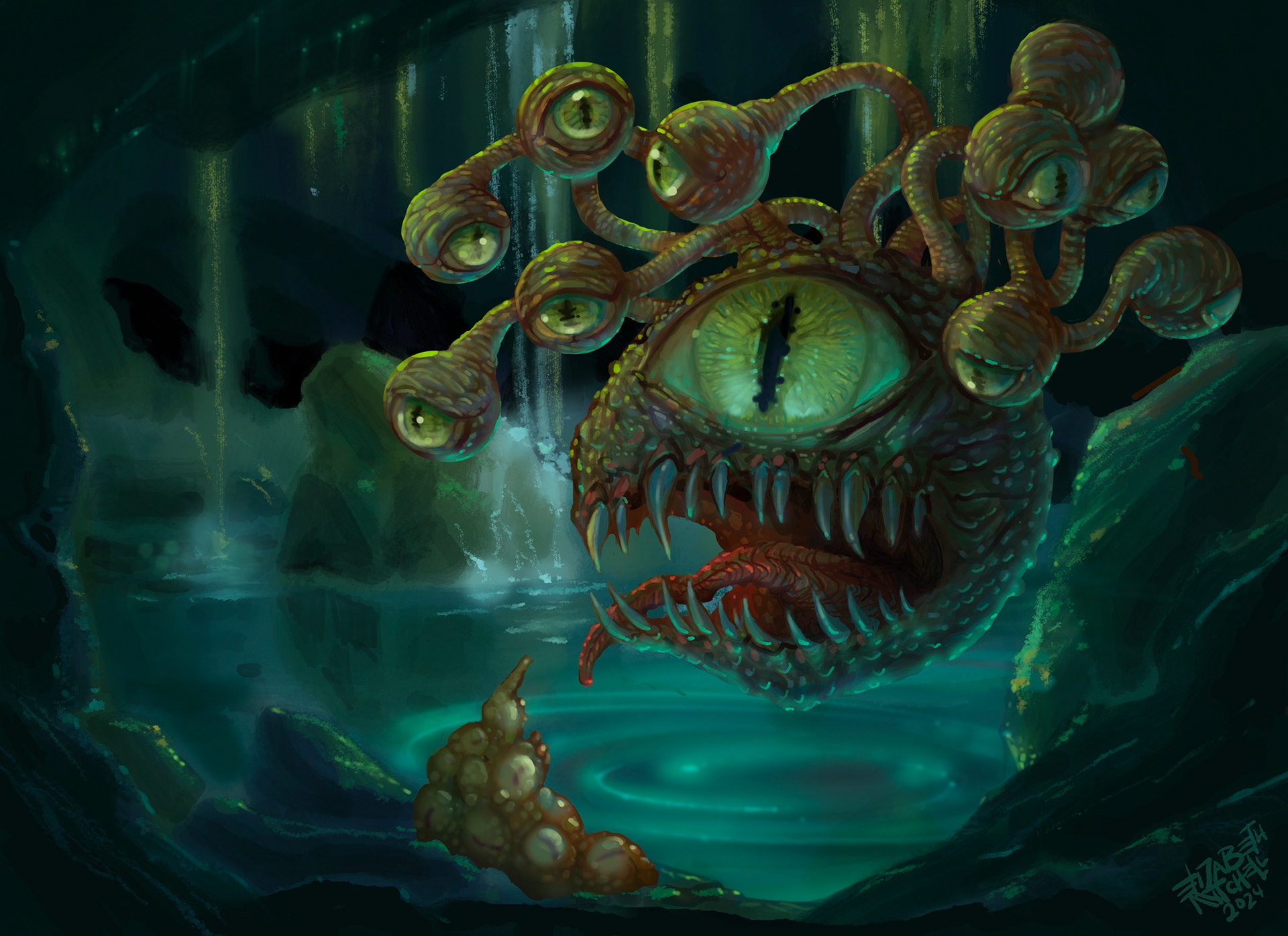 A Beholder, a floating cyclopean eyeball monster with ten subsidiary eyeballs on stalks. She (technically it) has just given birth (sort of) by chewing off her womb and depositing the dozen or so eggs it contains on the side of this cenote/cave.