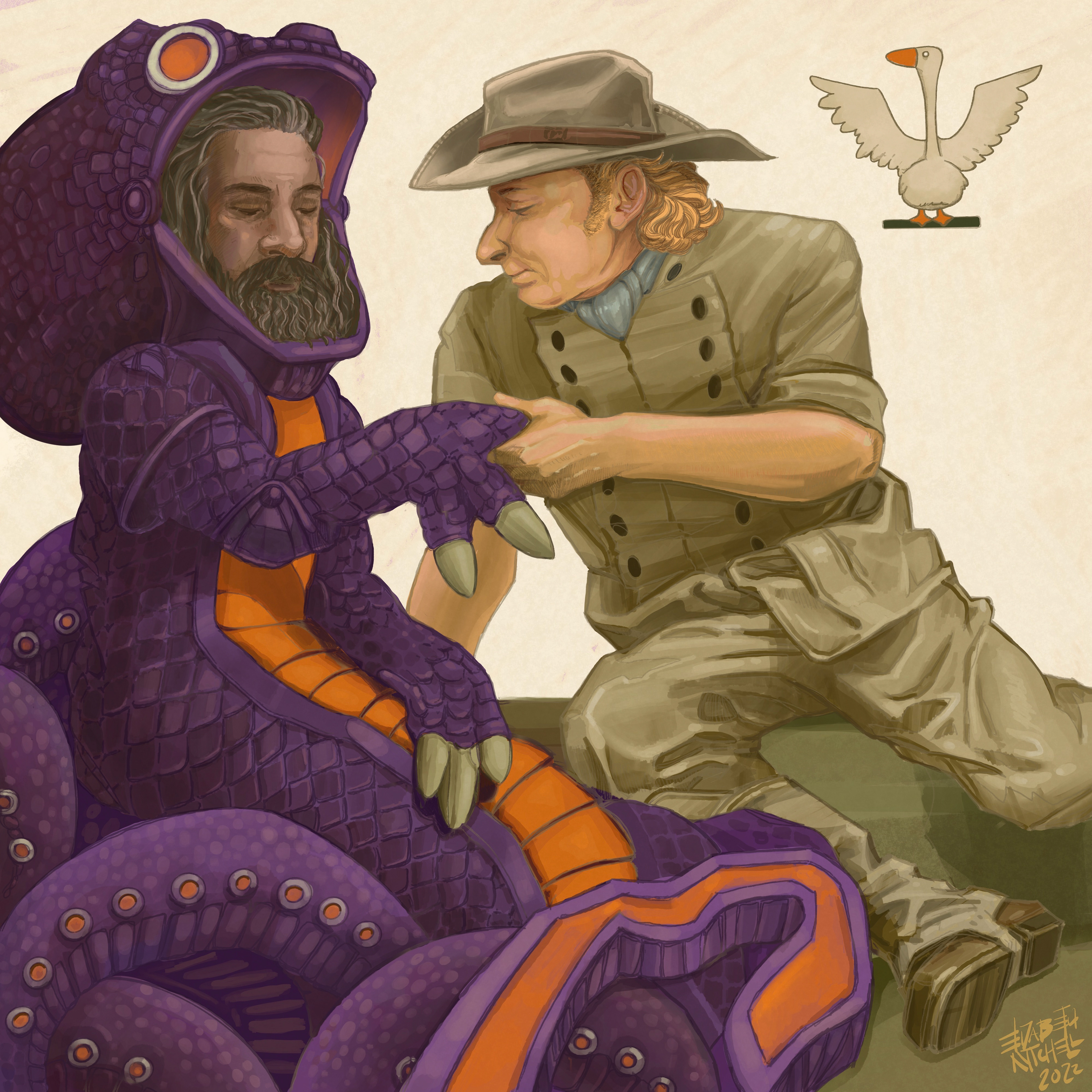 A man in anachronist explorer gear (Stede) tenderly holds the paw of a man in a purple Kraken costume. (Ed) A seagull named Karl cavorts in the background. The work is an homage to Leyendecker.