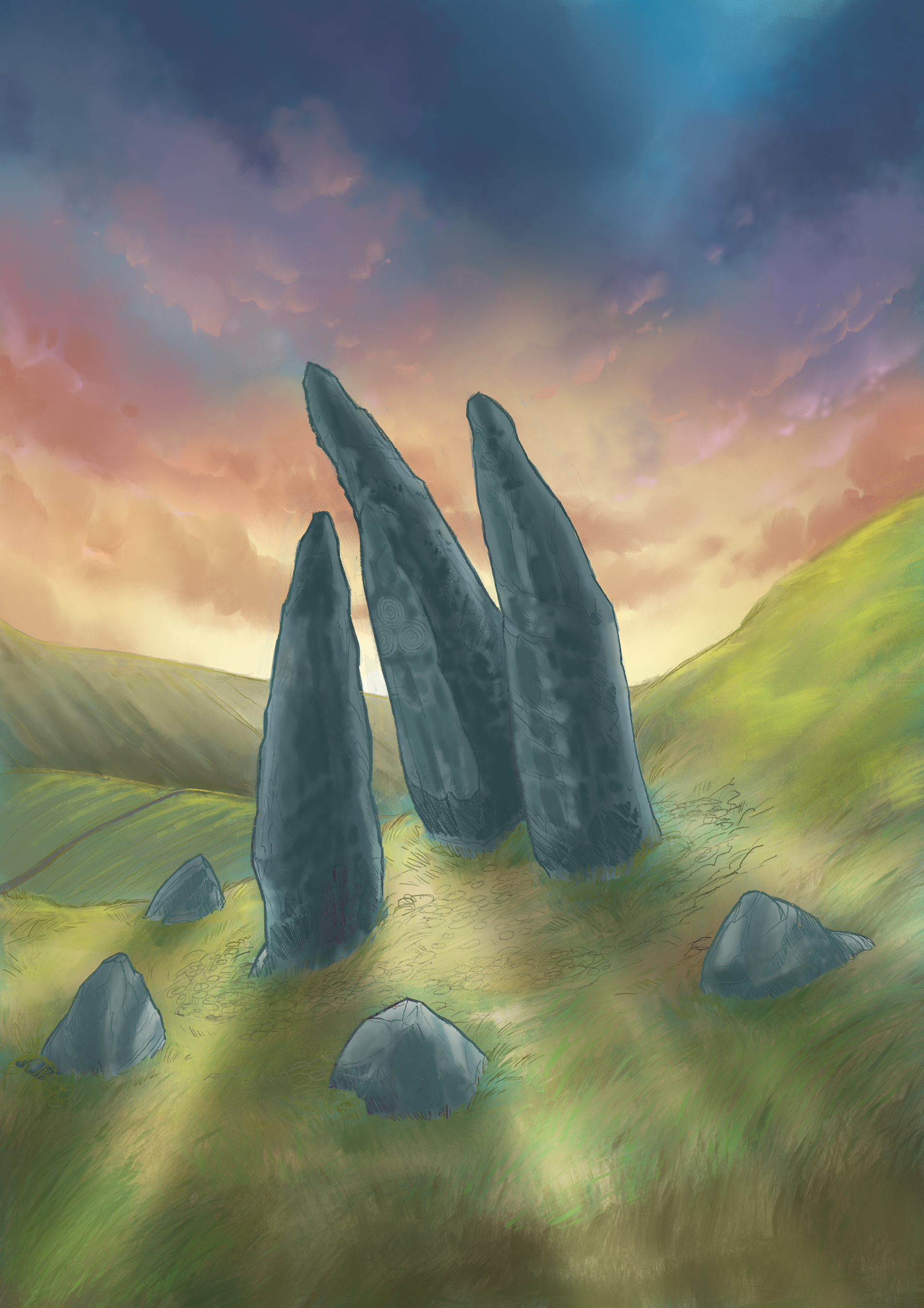 Mystical standing stones on a Scottish hill at solstice dawn.