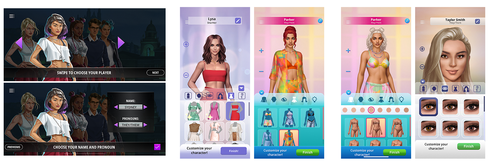 Three sets of character creators or character selectors. The Money Heist character creator only let you select a pre-made composite character. The Perfect Match and Love Is Blind Character creators have different layoutsthat stack vertically and obscure a lot of the characters bodies. And the Perfect Match and Virgin River screenshots show palette inconsistency between attribute types like color.