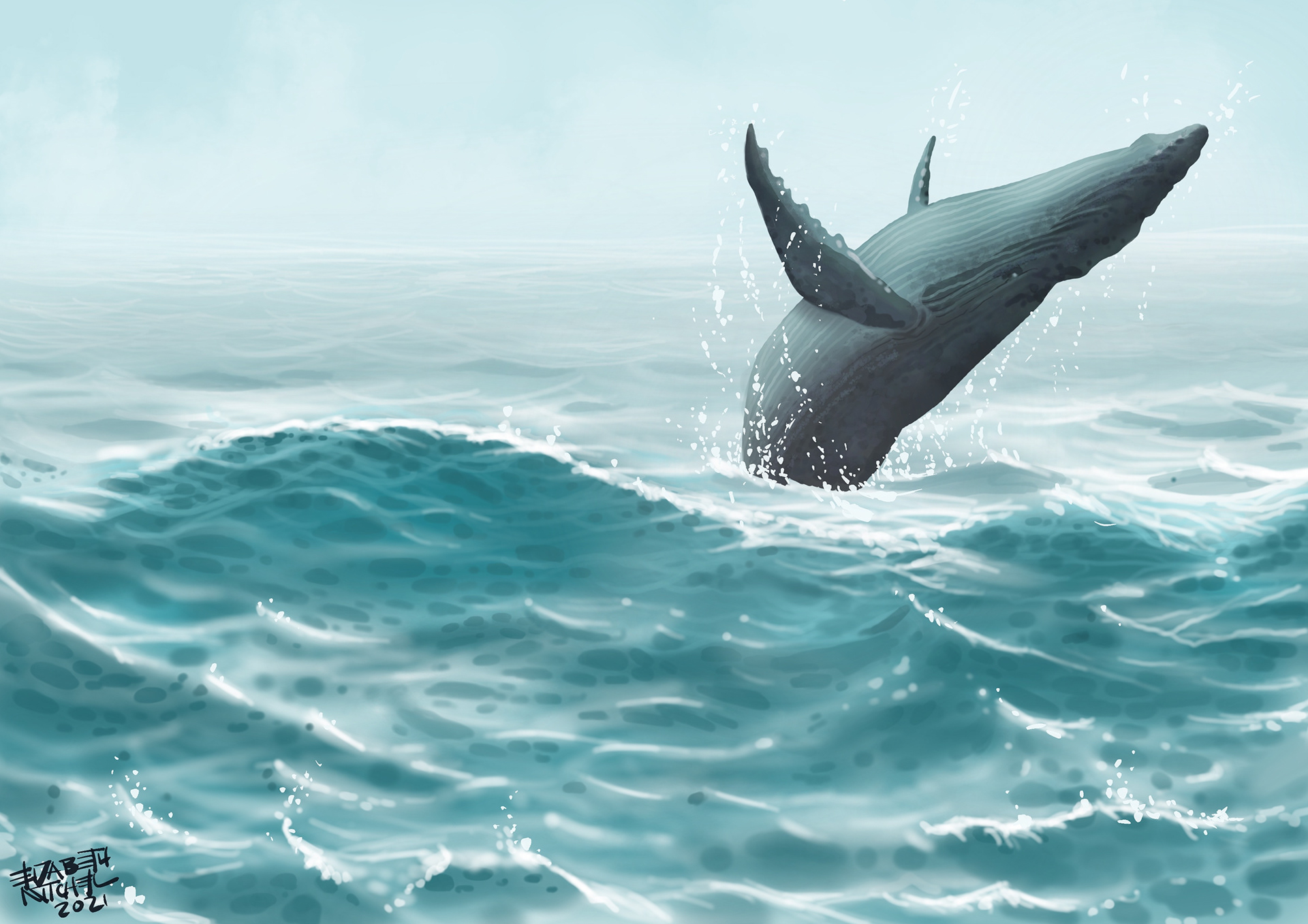 A humpback jumps over waves.
