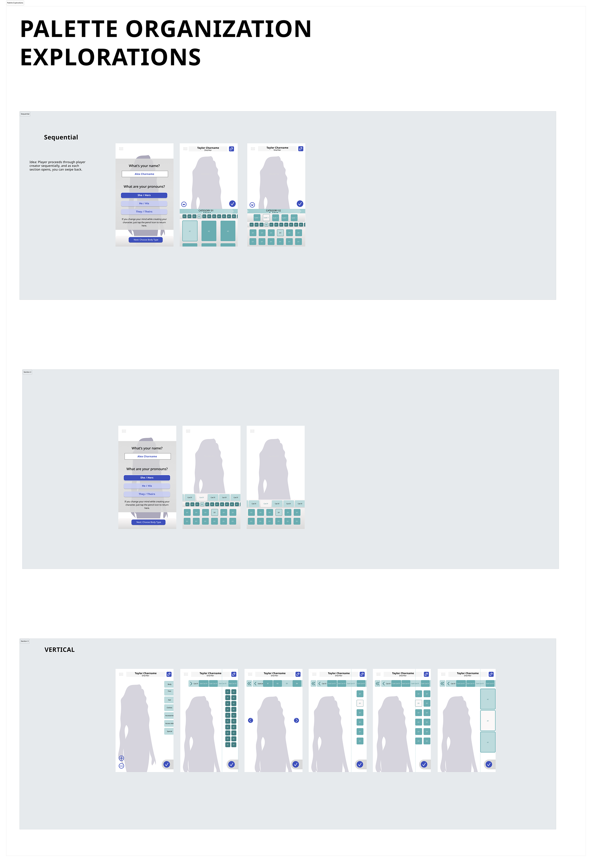 Different explorations of palette and navigation combinations