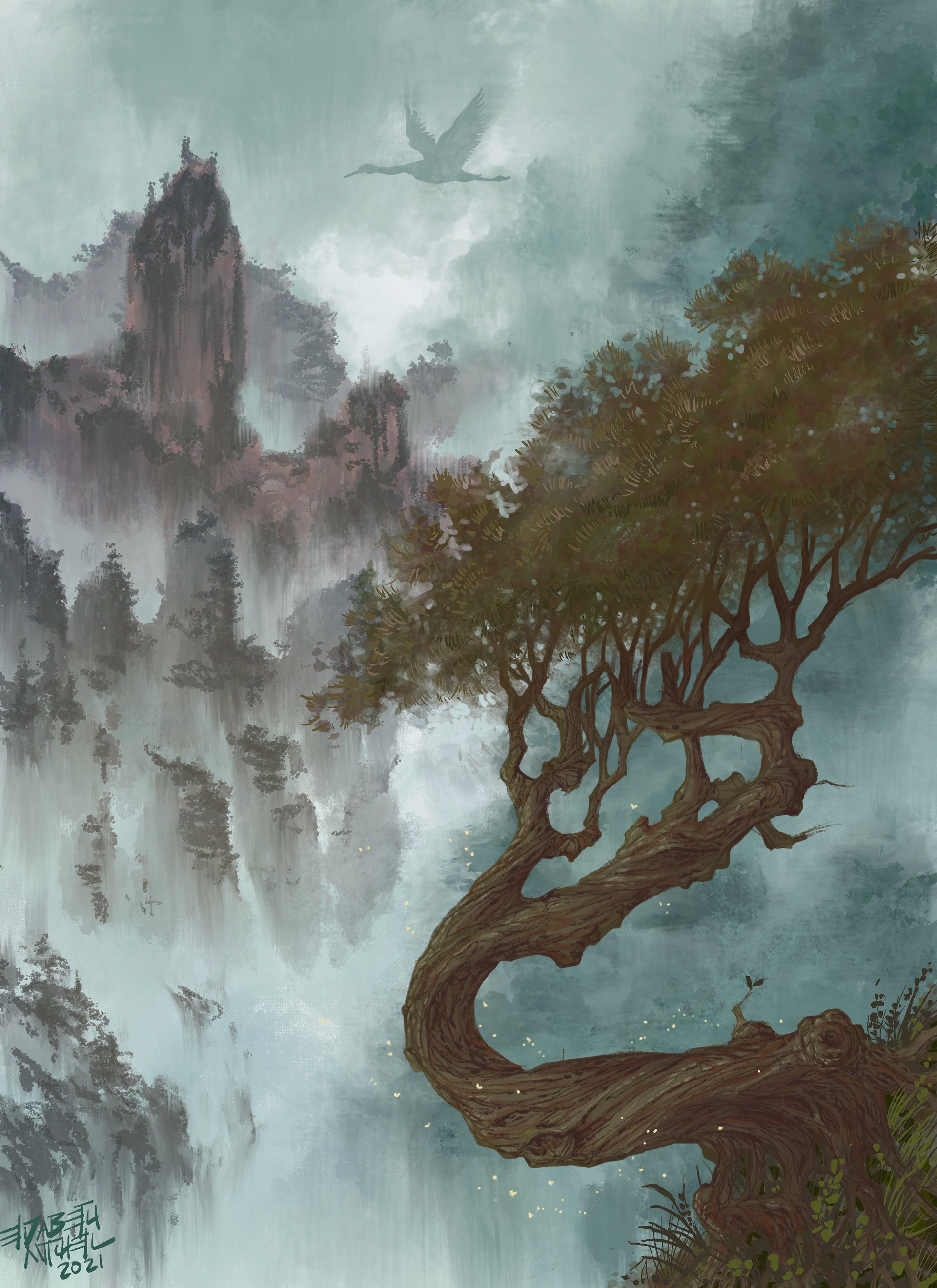A misty Asian inspired landscape painted digitally. A scrappy tree clings to the side of a cliff, its trunk and branches arcing sinuously. A heron flies overhead. In the background, the cliffs are painted in a style similar to Chinese ink paintings and are intended to emulate the karst cliff formations of China's Guilin River Valley. The colors are muted.