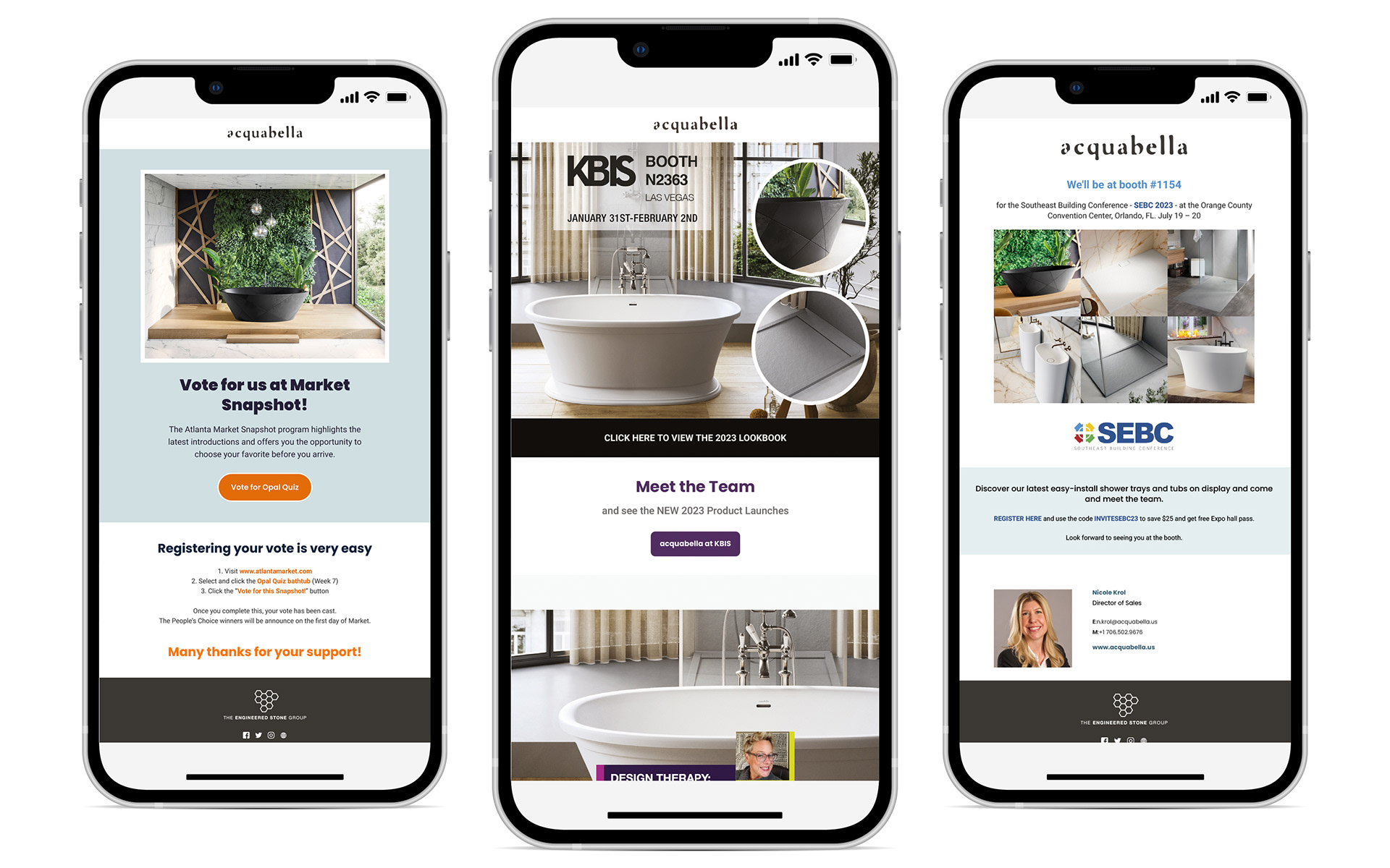 A selection of acquabella mailchimp campaigns for Market Snapshot, KBIS, and SEBC.
