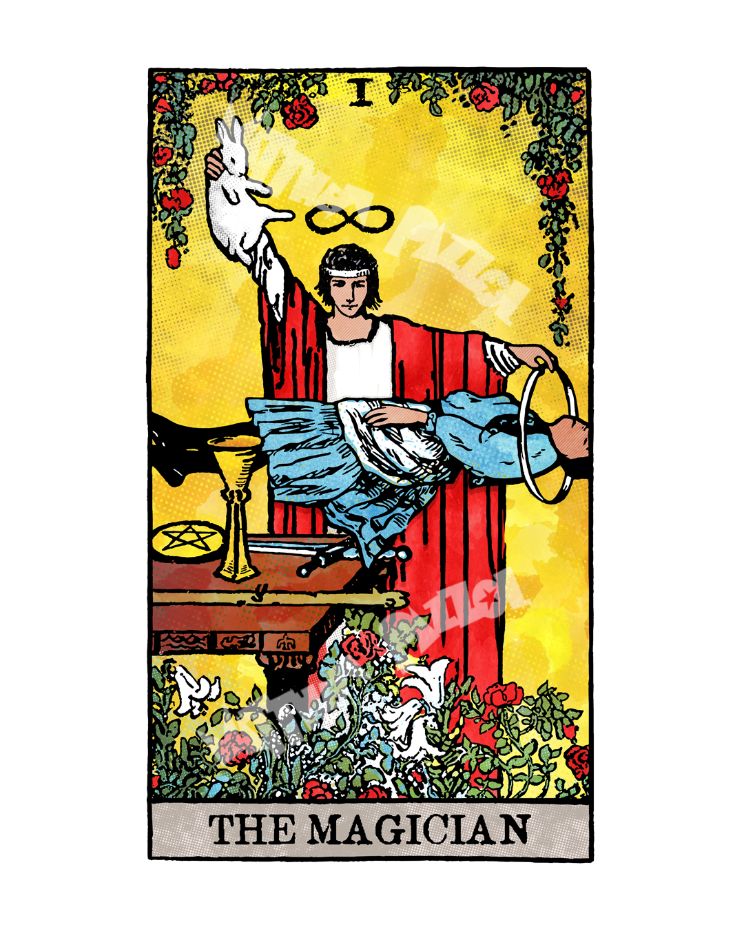 A 22-card Major Arcana deck card #1, the Magician, in a dark art, satirical style. The character presents a perversion of classic tarot imagery with sharp, digital-influenced aesthetics, focusing on the chaos of modern willpower and artificial magic.