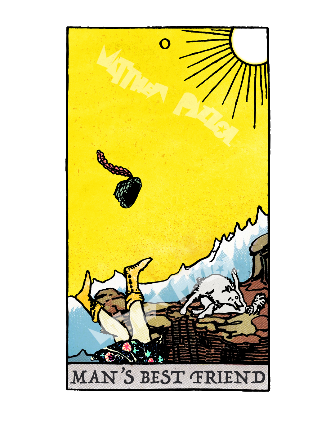0: The Fool. An androgynous figure stands on the absolute edge of a precipice, gazing into the sky with a blissful, ecstatic expression, completely unconcerned by the deep, chaotic waters below. They wear comfortable, chaotic clothing and carry a light bindle, embodying a 'dangerous innocence' that laughs at rules and fear. The image is surreal and satirical, representing a leap into the unknown, unburdened by ego or consequences