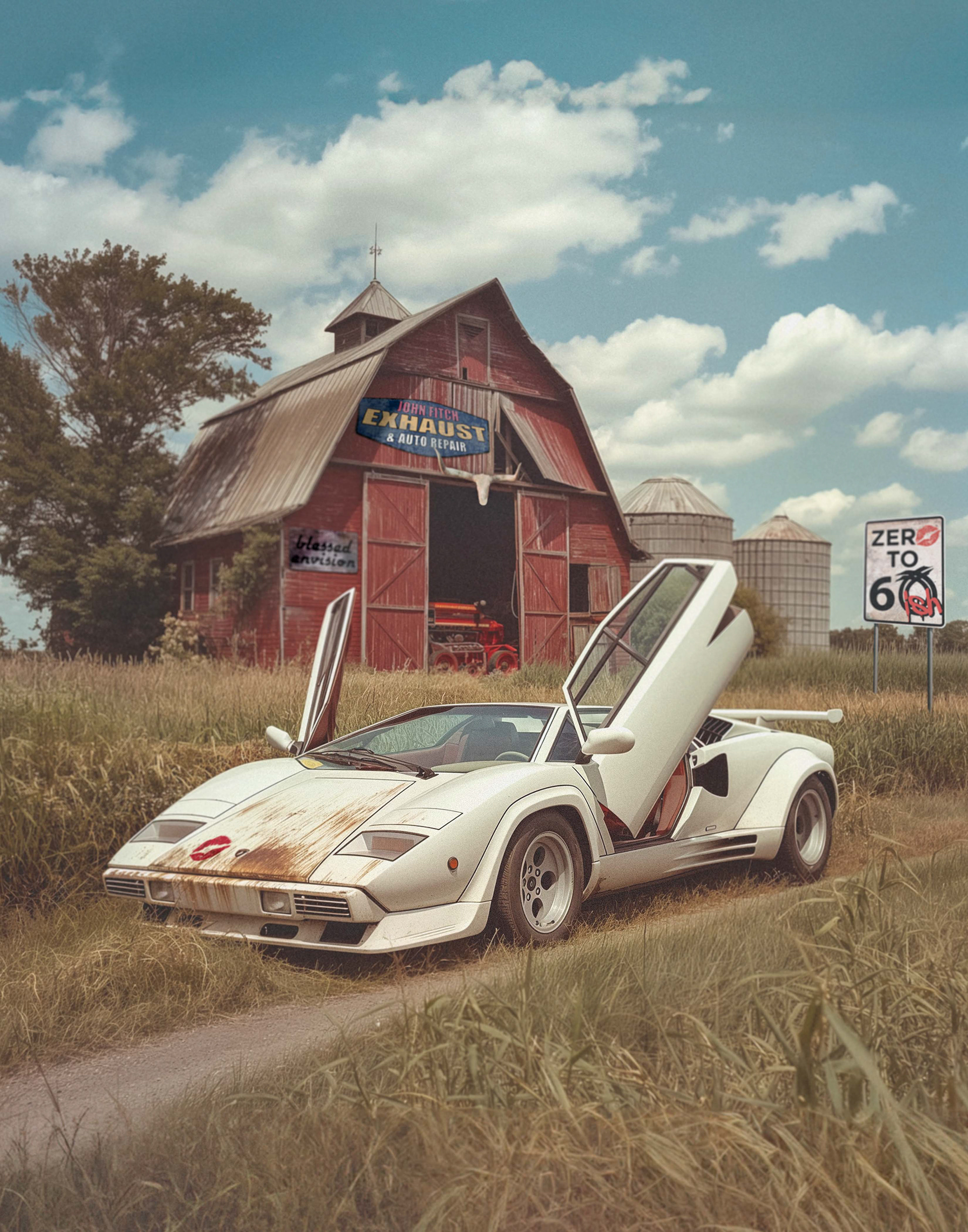 Lamborghini on a farm, used on a client shirt design
