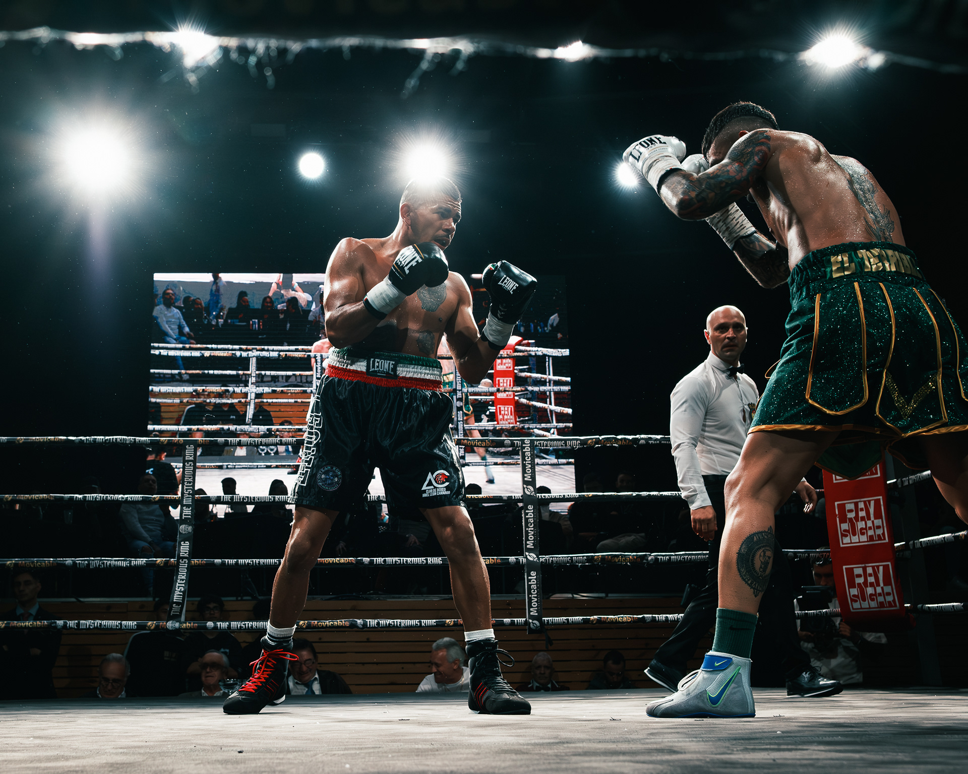 Boxeador con cinturilla roja y guantes blancos en guardia frente a un rival con pantalón verde y dorado.