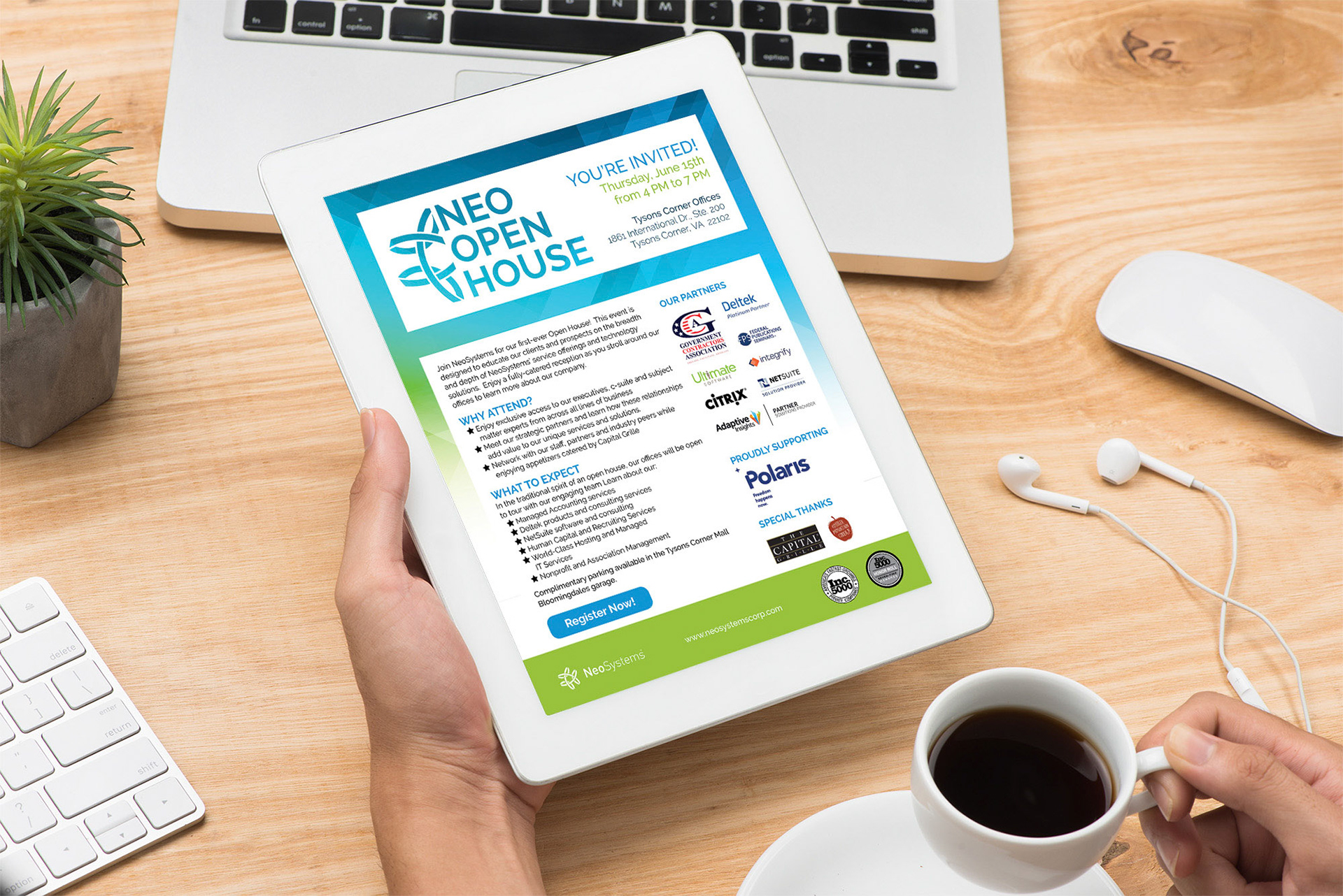 Hand using digital tablet with blank screen on desk work table