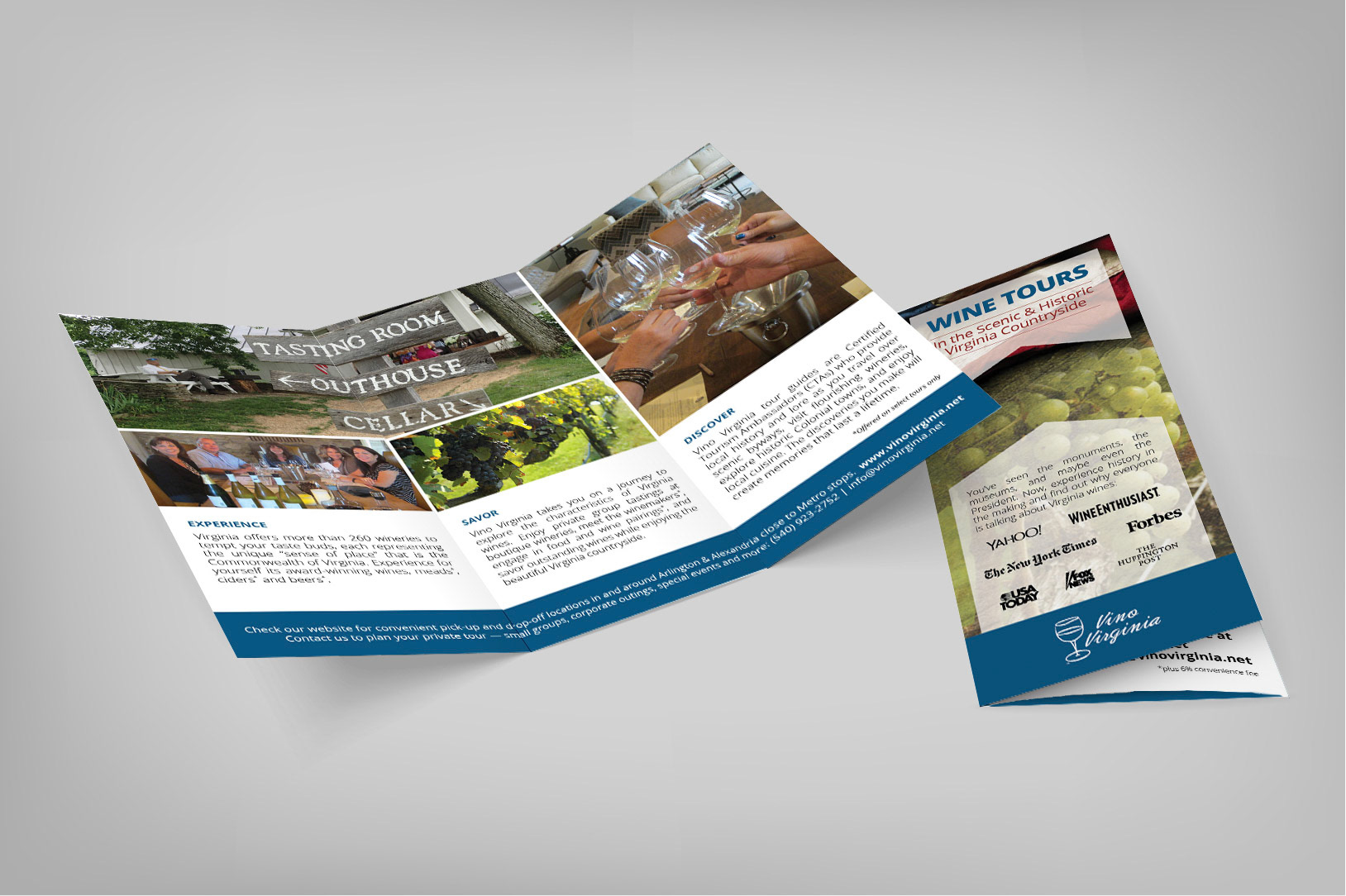 Blank mockup tri fold paper opened flyer on gray background with cover. 3D illustration with soft shadows.