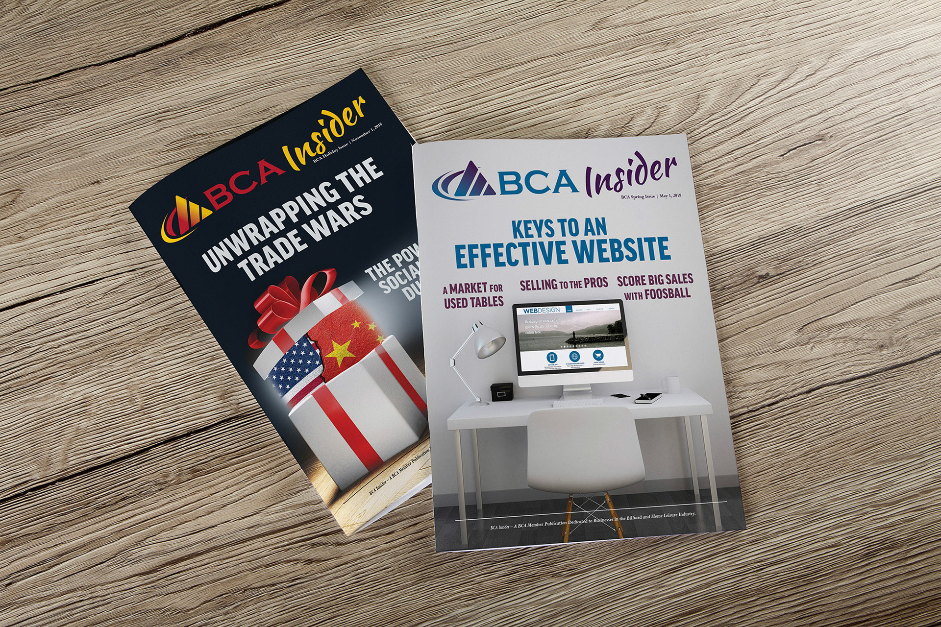 Blank catalog, brochure, magazines, book on wooden background, top view