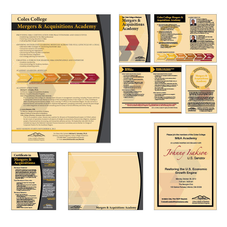 Mergers & Acquisitions material (flyer, booklet, screen, and event invite)