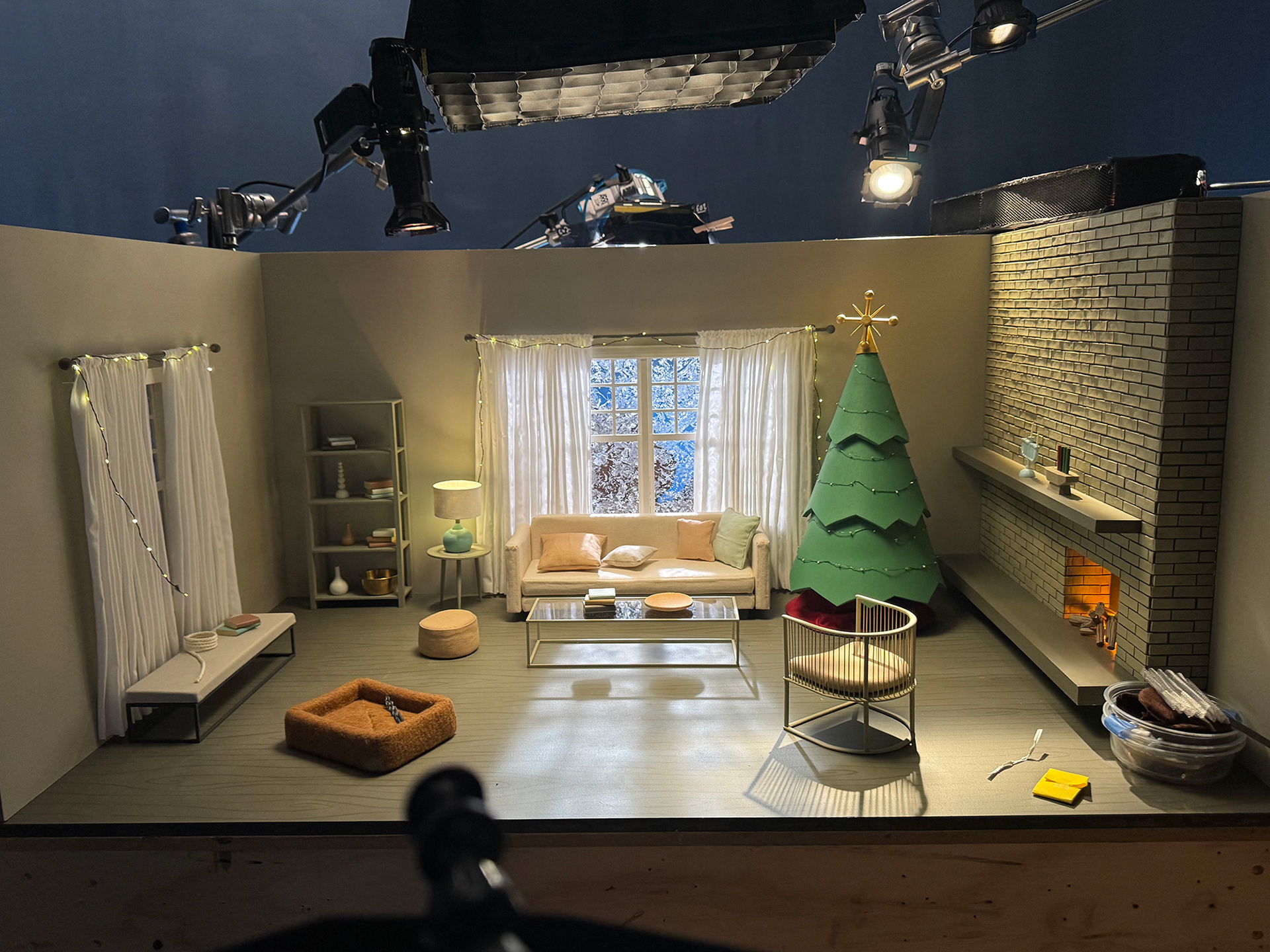 Living room set, dressed on stage.