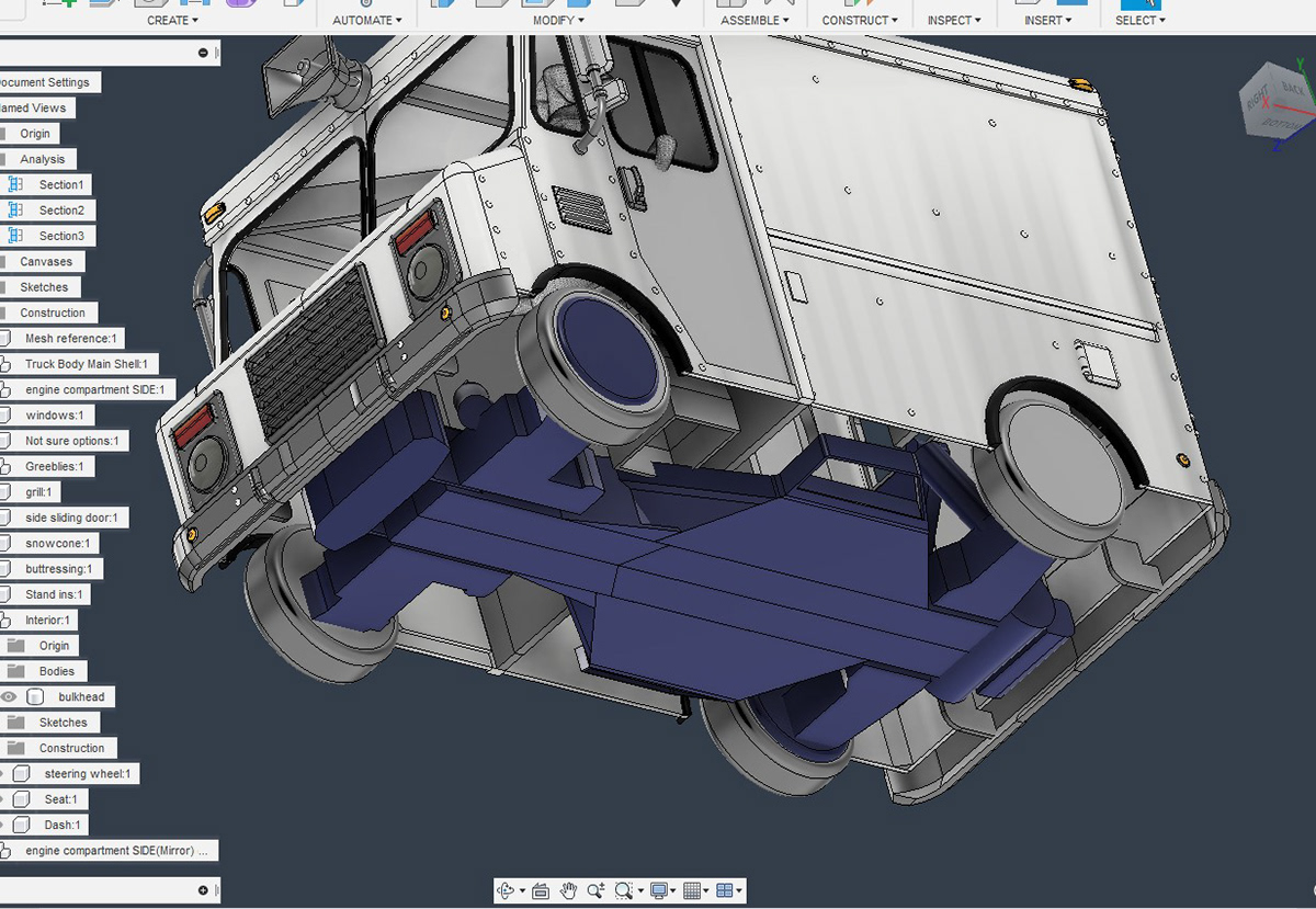 Reference of remote control car chassis created in Fusion for precise marrying to truck body.