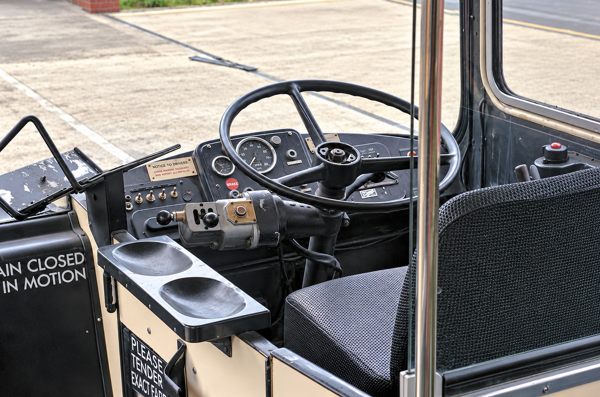 Cab area of an Eastern Counties Bristol RE (I believe it's RL503) in 1986
