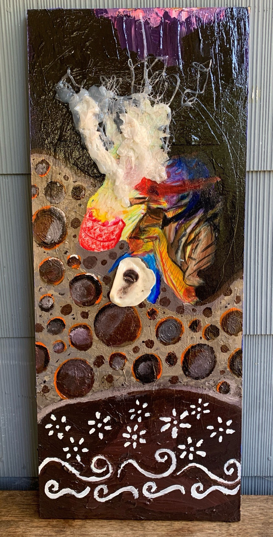 COME TRUE, acrylic, crayon, hot glue, tracing paper, & seashell on wooden plank