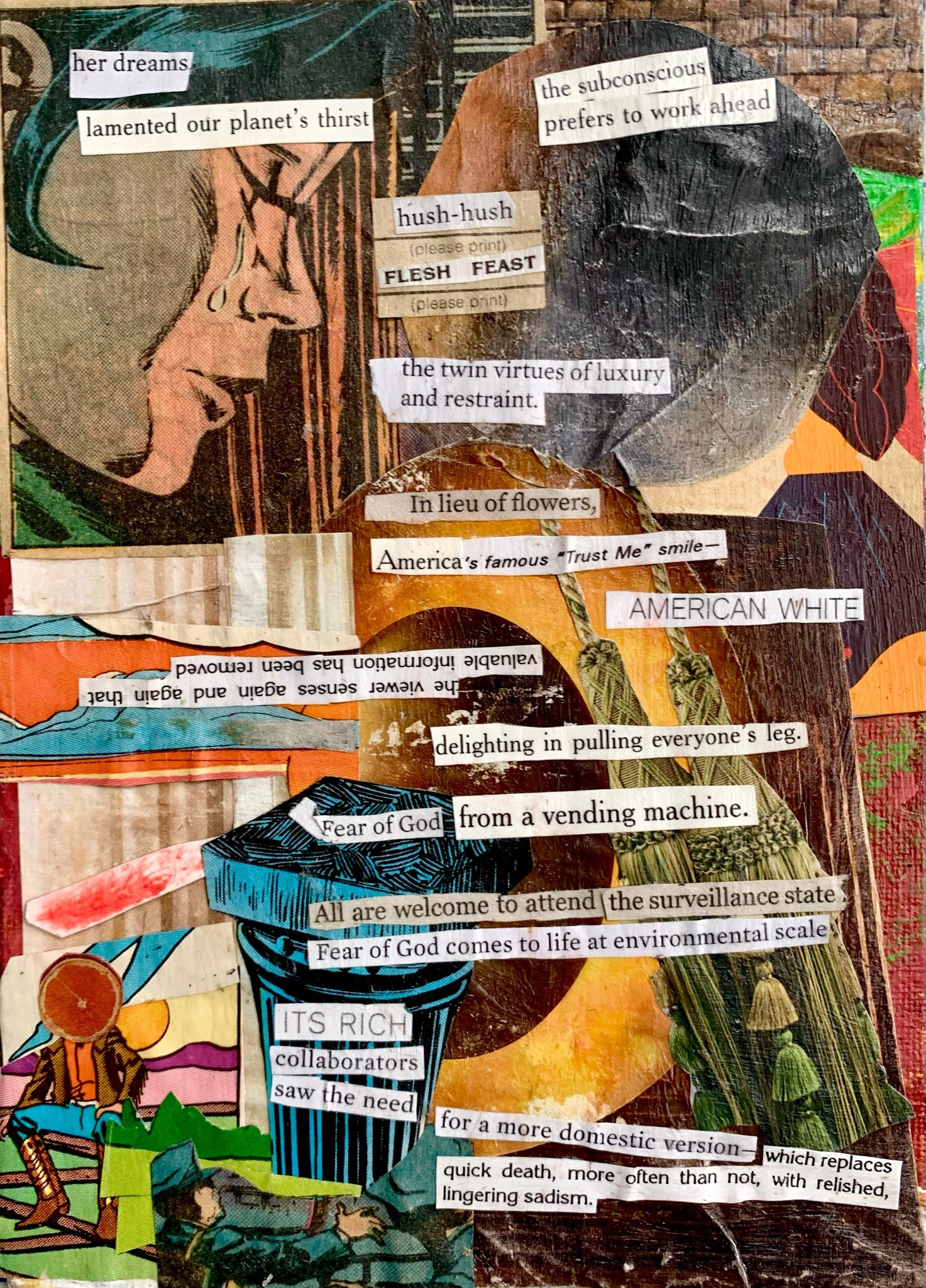 TRUST THIS DEVICE, mixed paper media on painted canvas panel, 5x7"