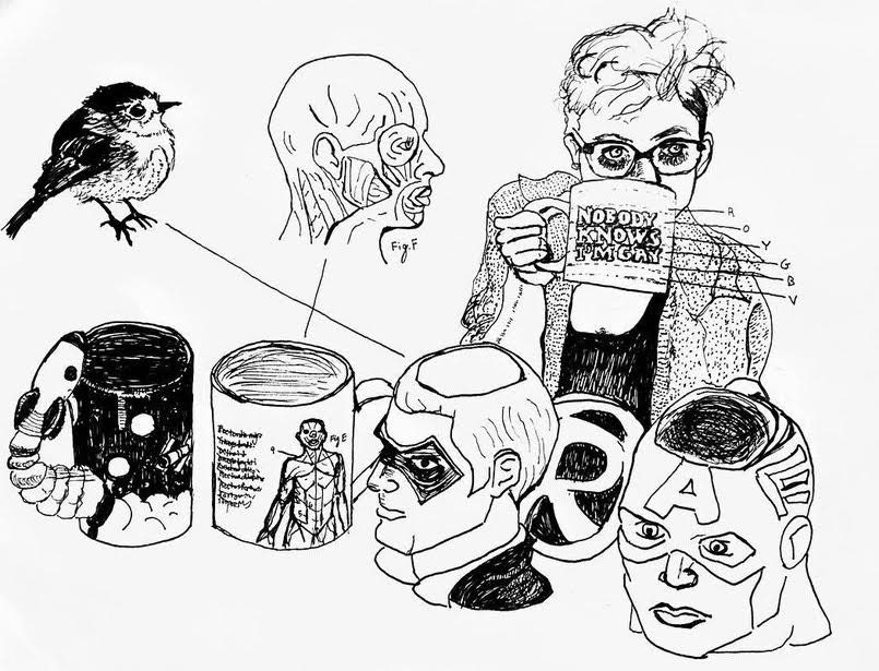 Self w/ mugs, ink
