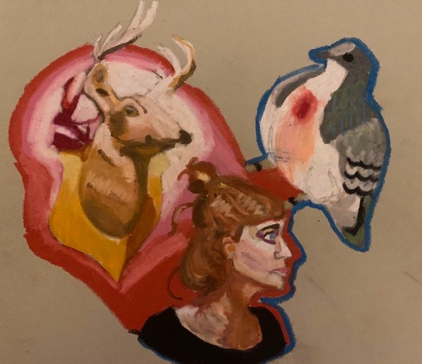 Self w/ stag & bird, oil pastel