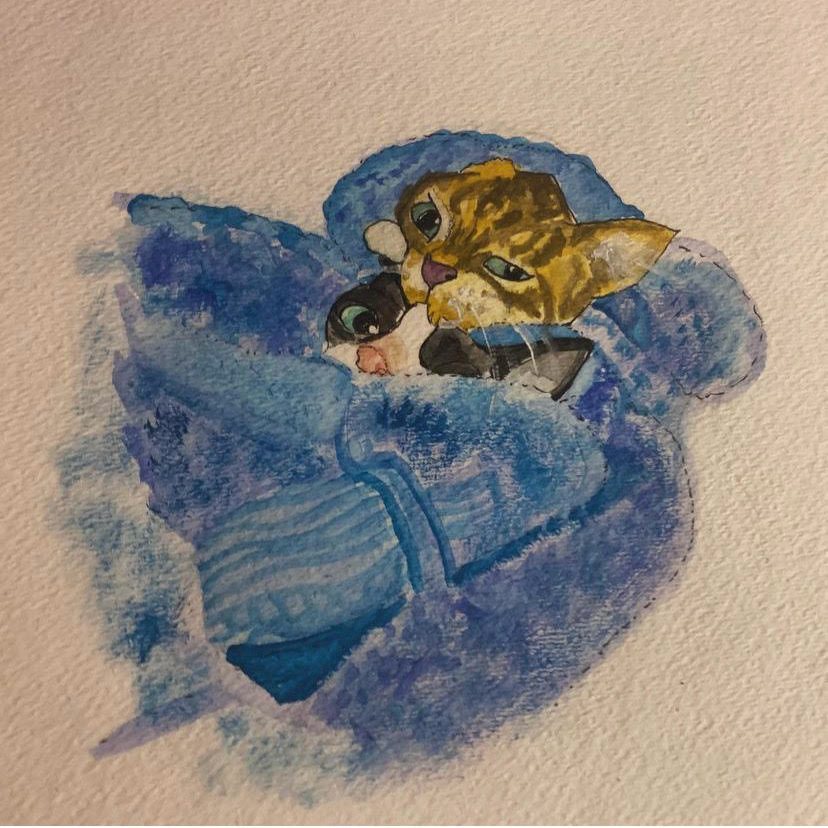 Towel Kittens, watercolor and ink
