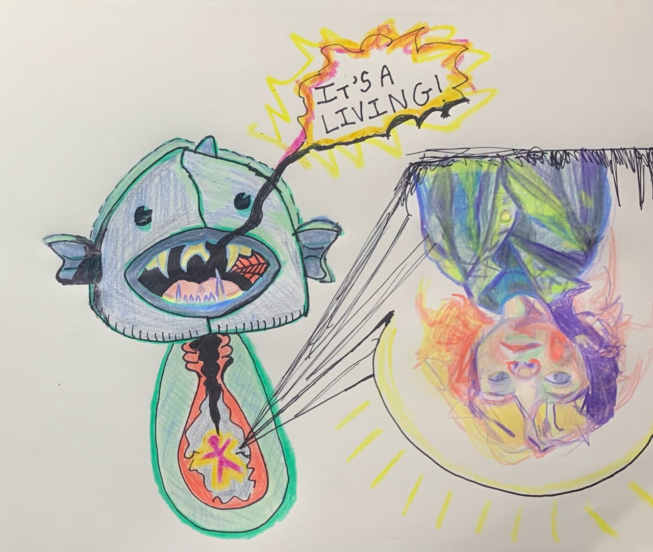 PINOCCHIO LEFT A YELP REVIEW THAT CALLED THE WHALE “NICE AND WARM", colored pencil and ink