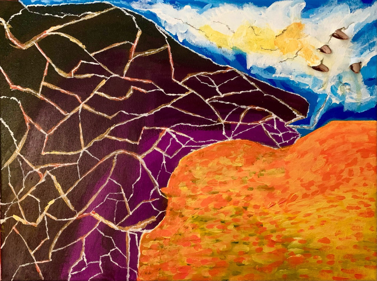 OUTSIDE TIME (FOR MOLLY), acrylic on slashed canvas, press-on nails (secured with cloth bandages, rubber cemment, & mod podge)