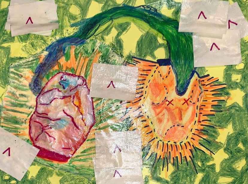 CLIPPY WON’T TELL ME HOW TO TURN OFF “TRACK CHANGES” >:/, crayon, highlighter, sharpie, tracing paper, post-it notes, and mod podge on neon cardstock)