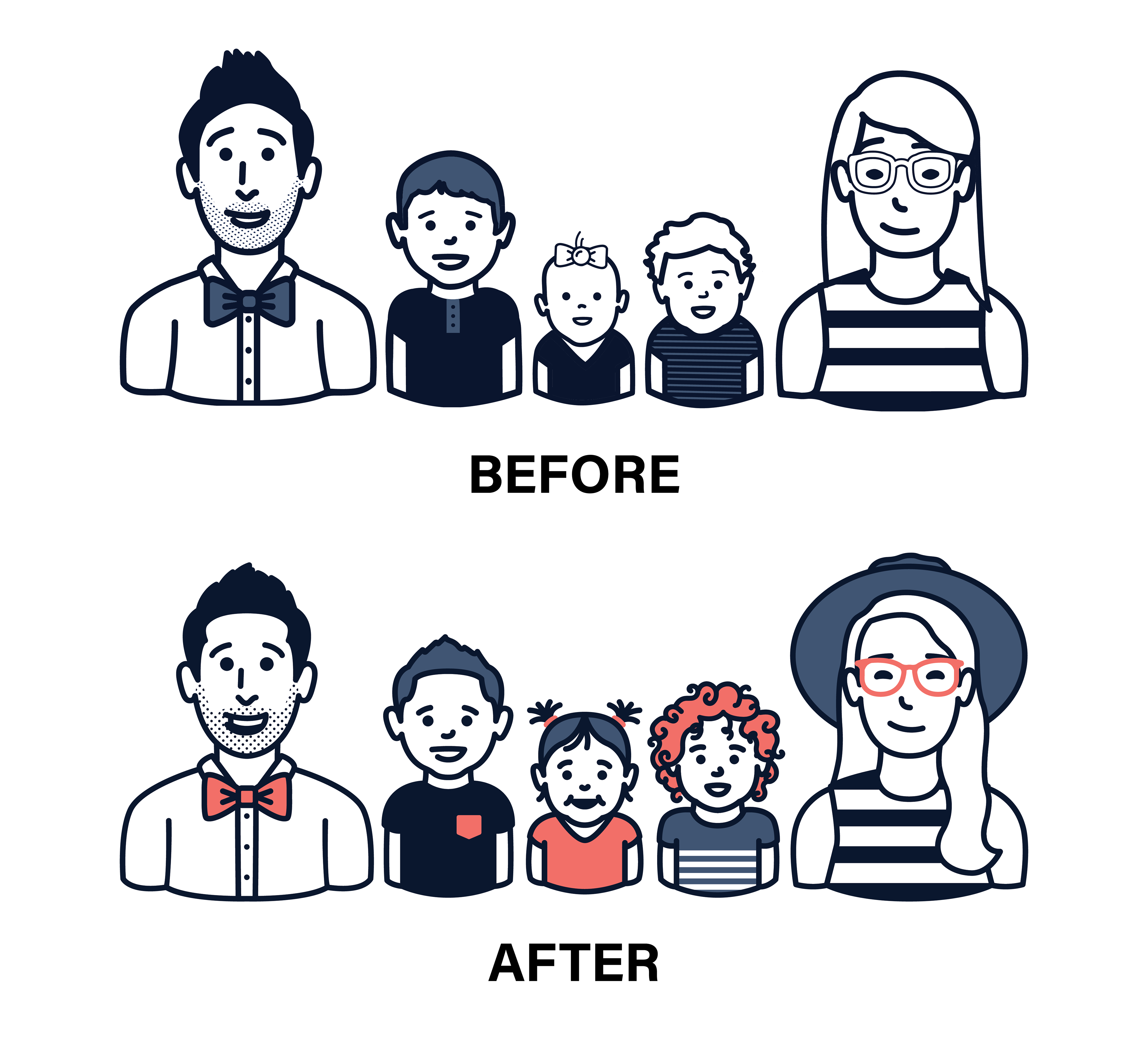 This is a collaborative process. I was provided the BEFORE character icons and was asked to update the family.