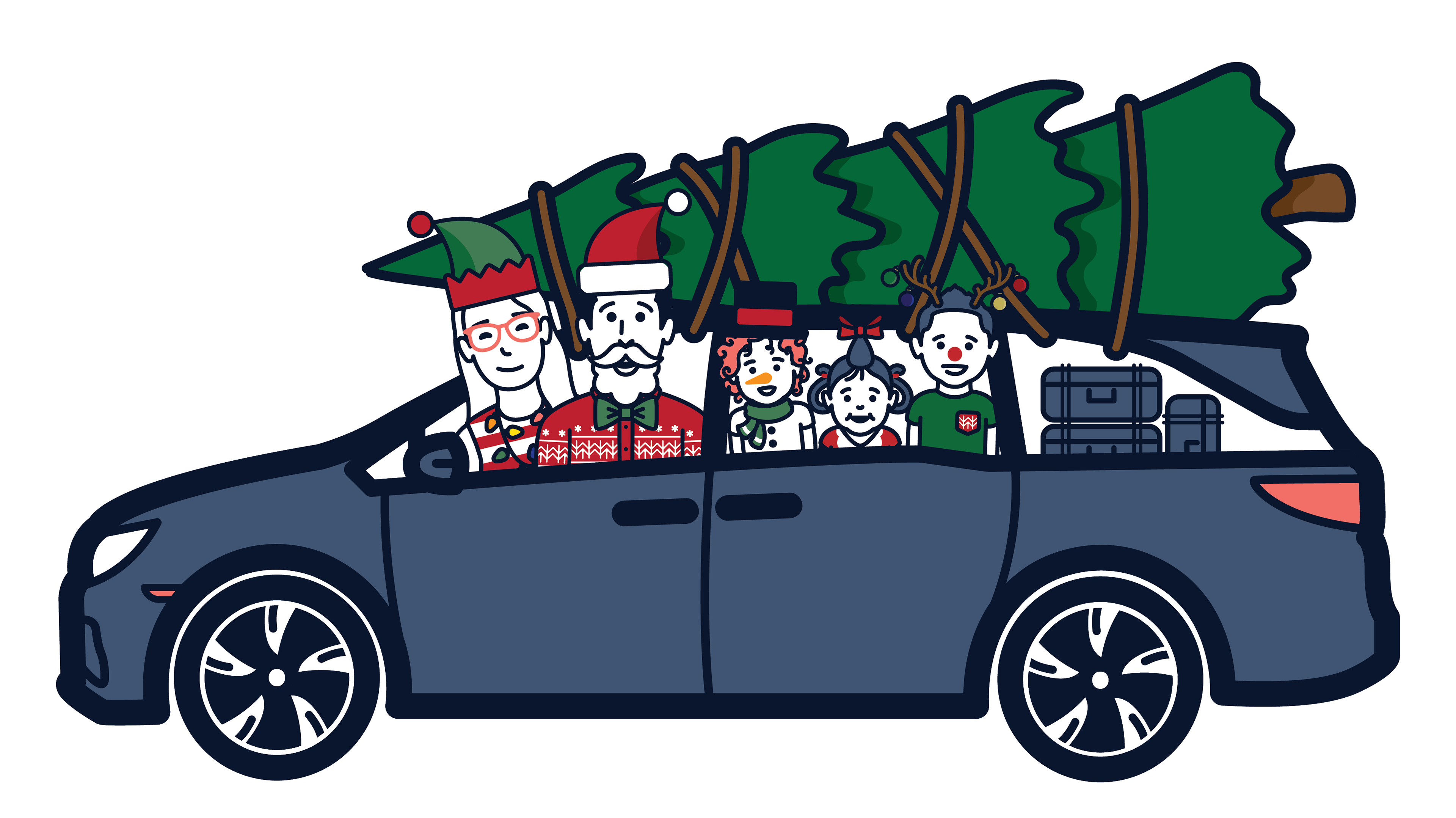 Create a Christmas themed graphic of the family in their van picking up their Christmas tree.