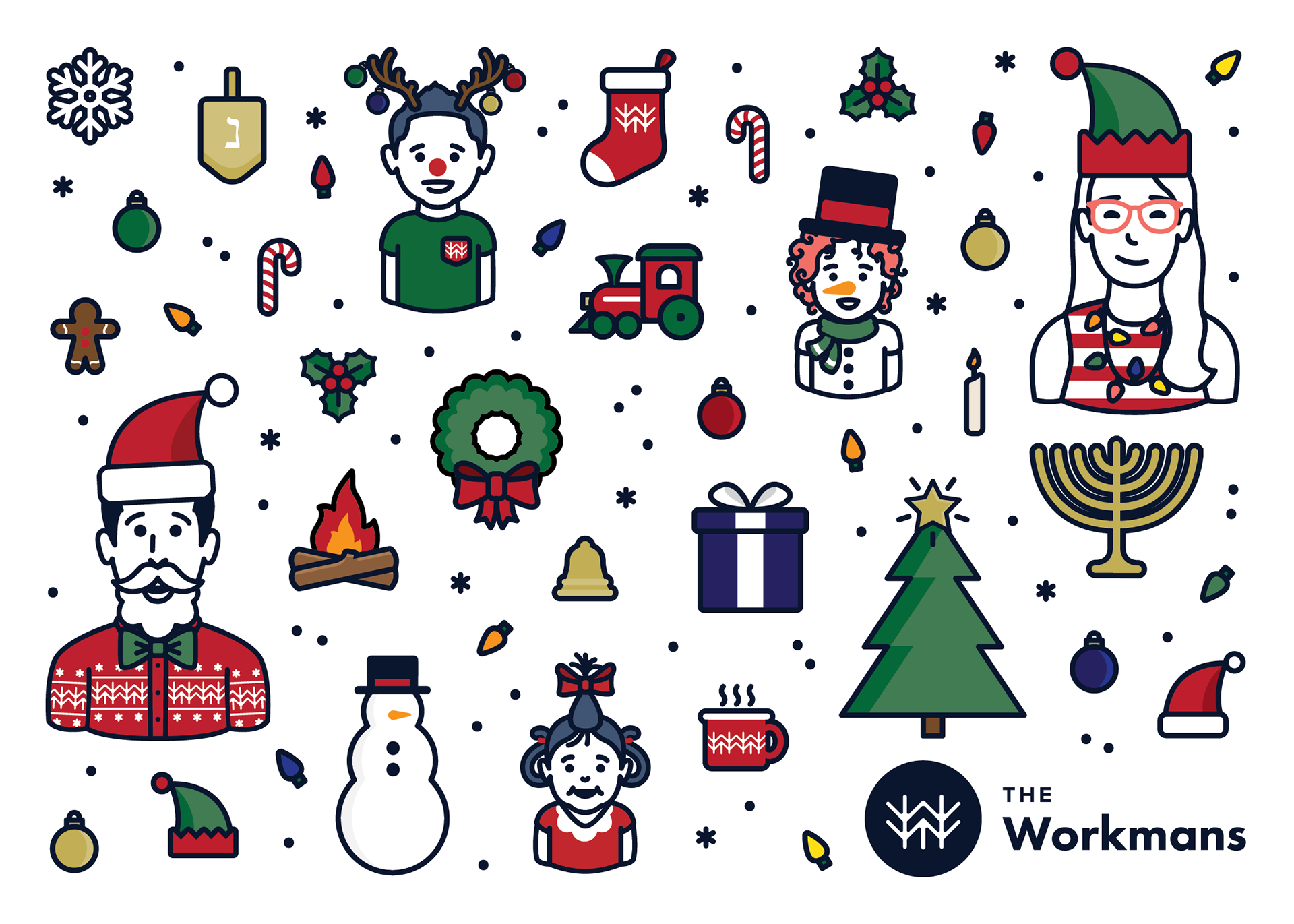 I was asked to take the Christmas family icons and lay them out on a Christmas card surrounded by Holiday icons. All icons are custom.