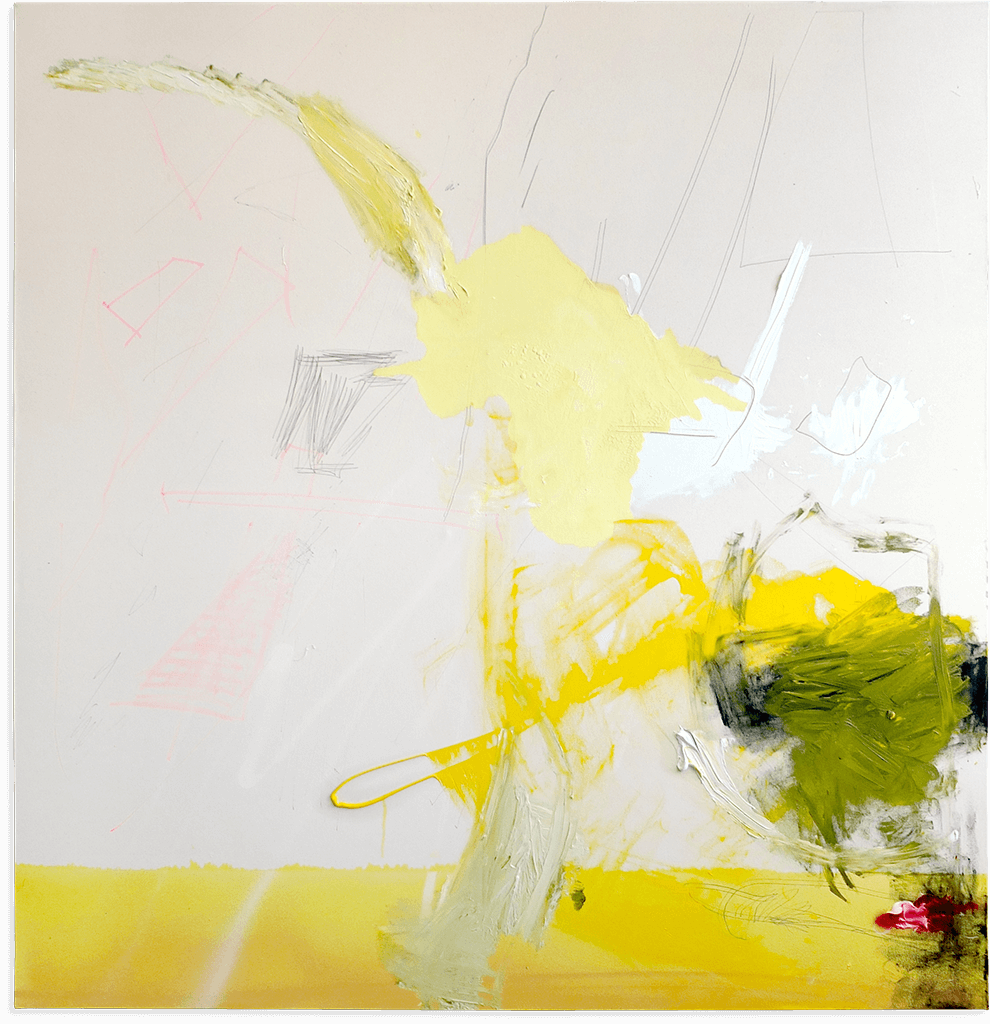 Ziehen: 1,30 × 1,40 m, Acryl, Öl, Kohlestift, Filzstift, Bleistift, Lack auf Leinwand