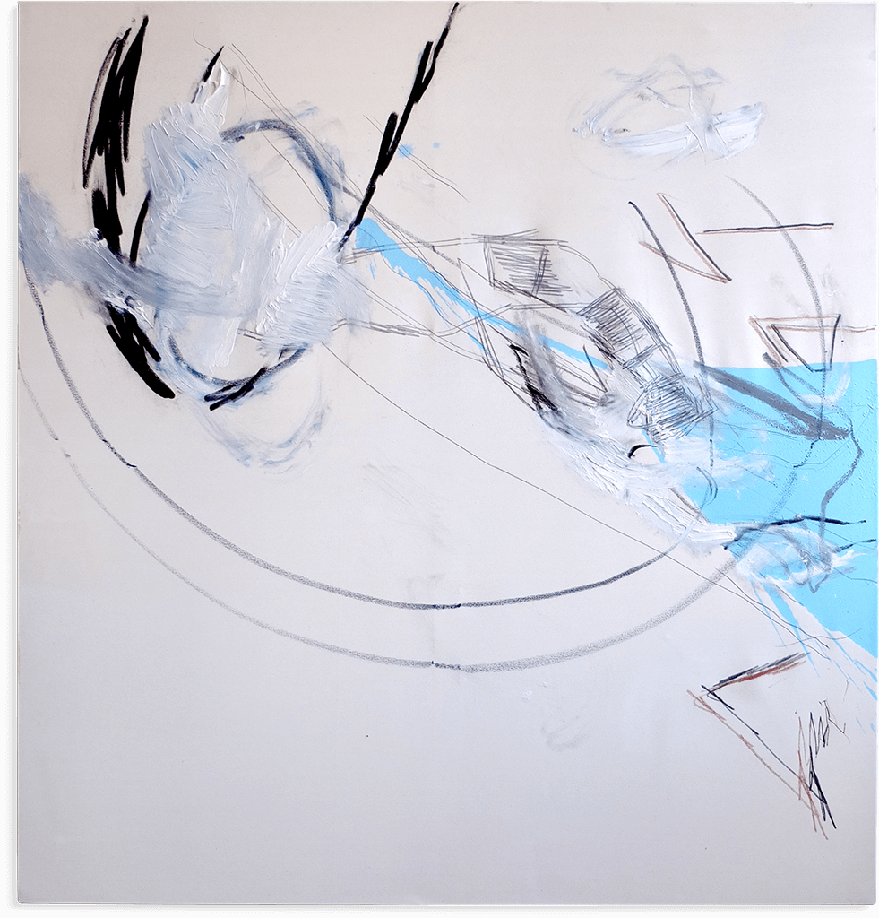 Ziehen: 1,30 × 1,40 m, Acryl, Öl, Kohlestift, Filzstift, Bleistift, Lack auf Leinwand