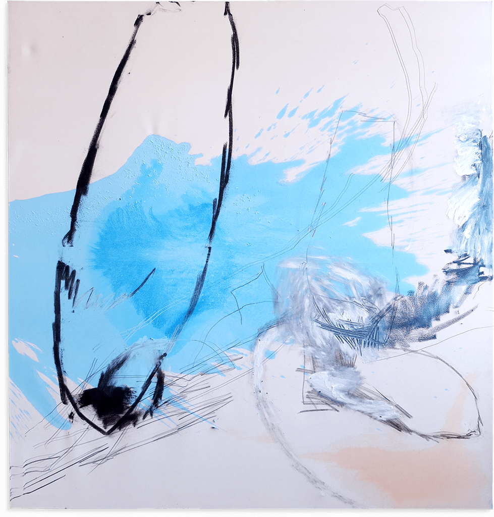 Drücken: 1,30 × 1,40 m, Acryl, Öl, Kohlestift, Filzstift, Bleistift, Lack auf Leinwand