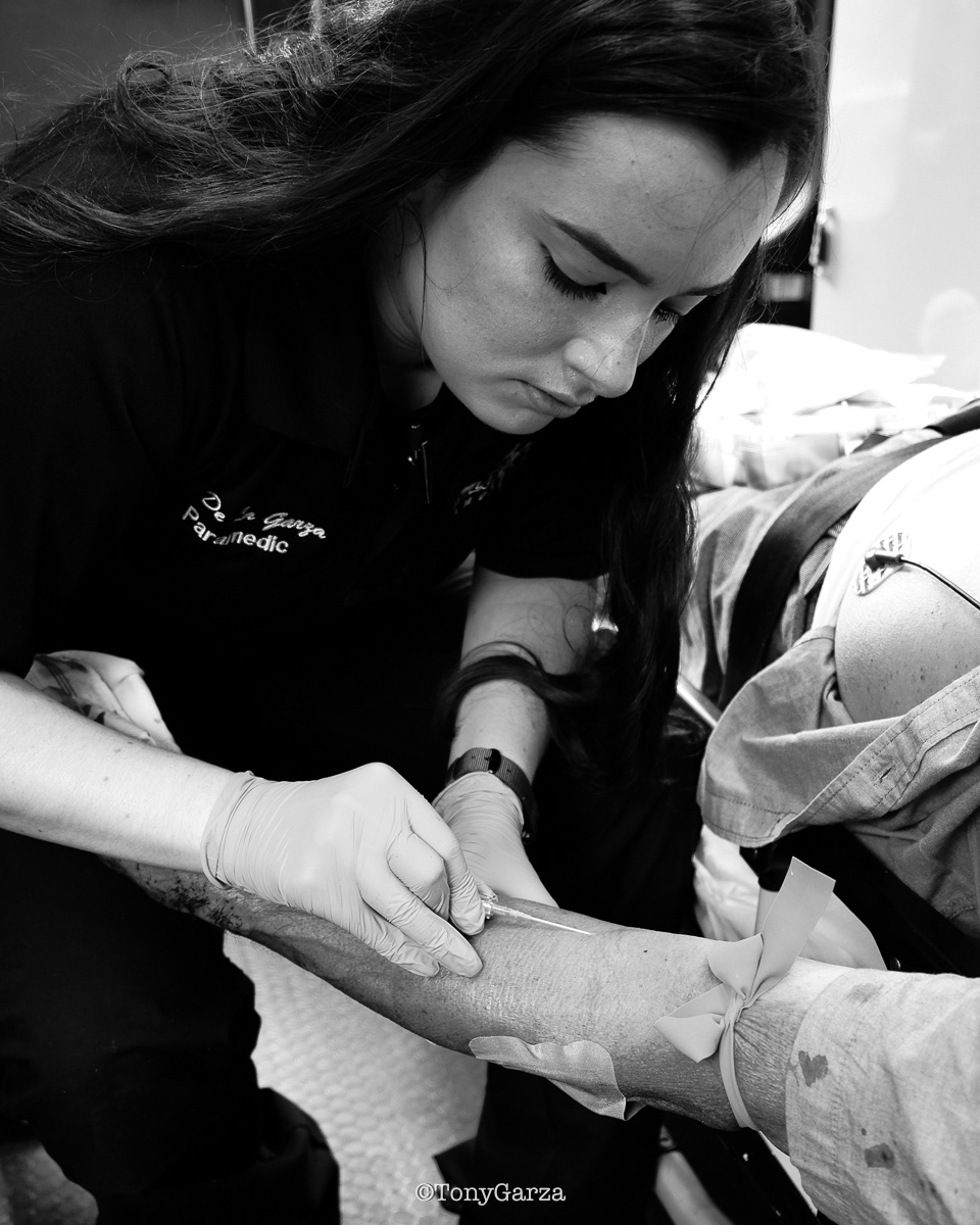 Paramedic Rosalva De La Garza initiating an IV in the field.