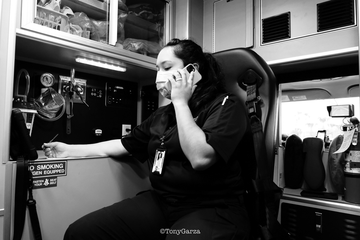 Calling the hospital to give EMS report.