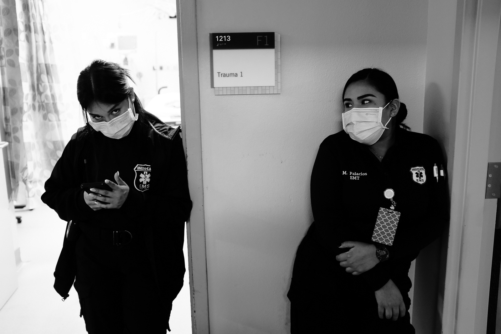Medic 32 and Medic 34 secondaries, both EMT, waiting by the EMS hall inside MMC.