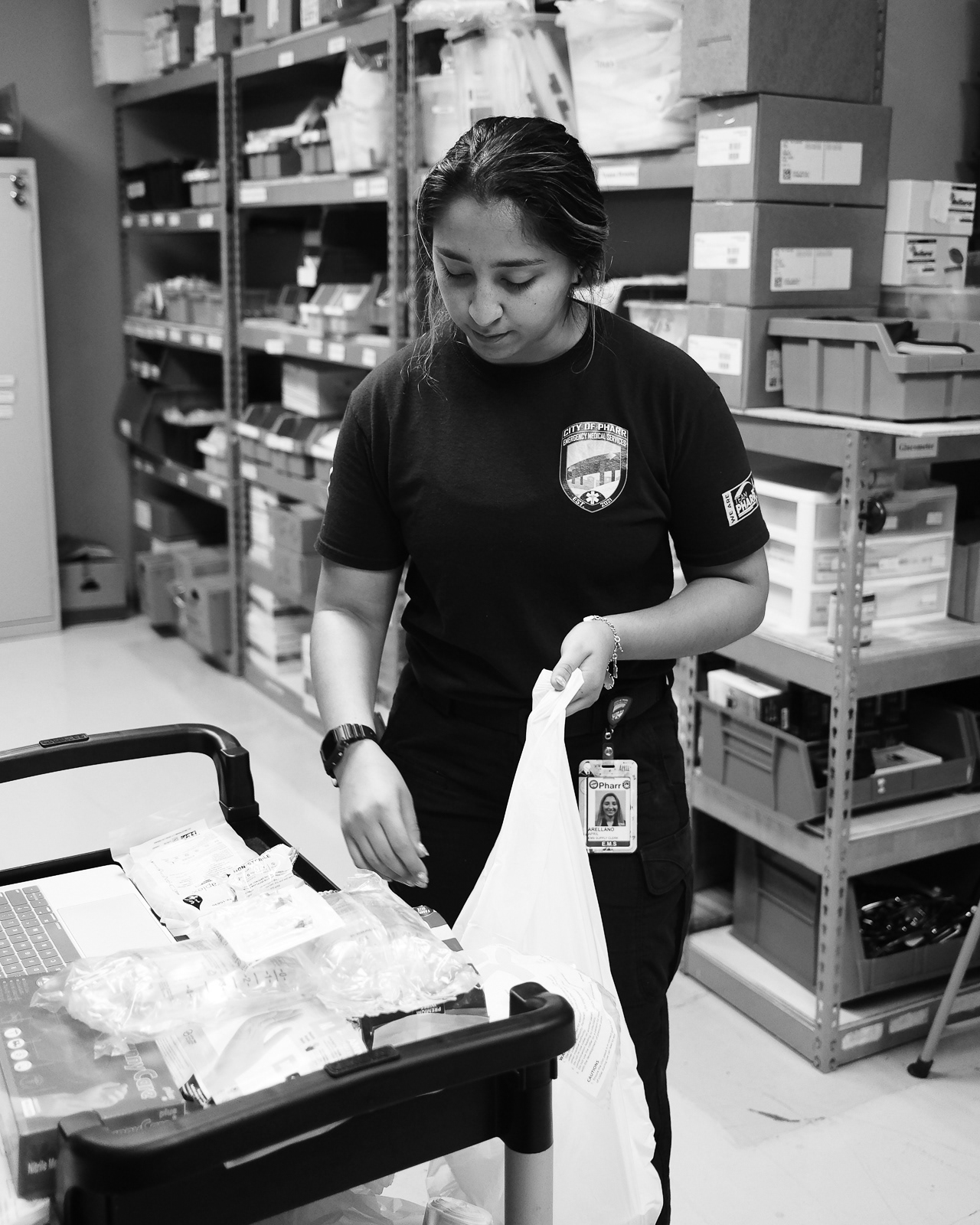 April, Supply Clerk, prepares the equipment for the trucks in the field to be kept fully stocked.