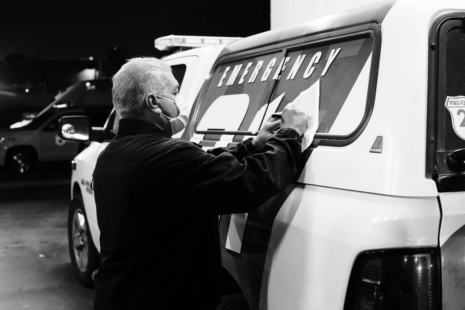J. Solis, Paramedic, orginizing the morning shift as people show up to the shift.