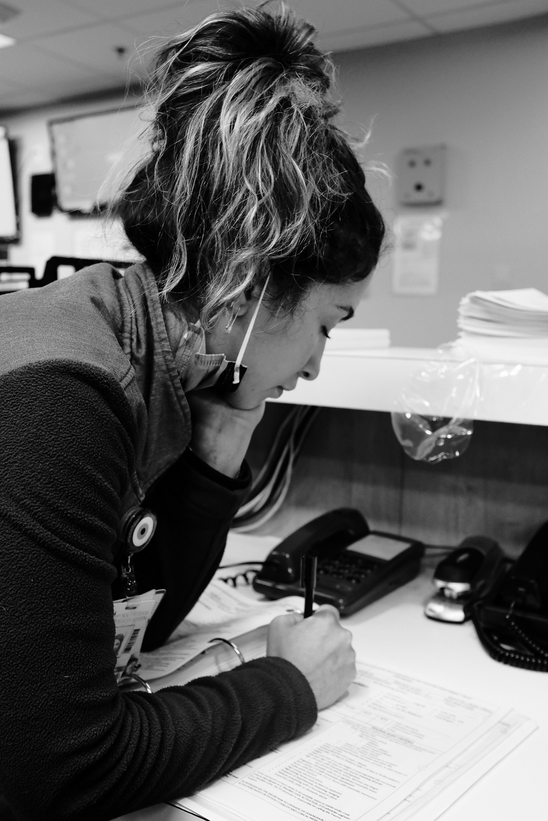 She takes EMS report, but before she does, she attempts to calm her self down. The hospital is packed and patients don’t stop coming.