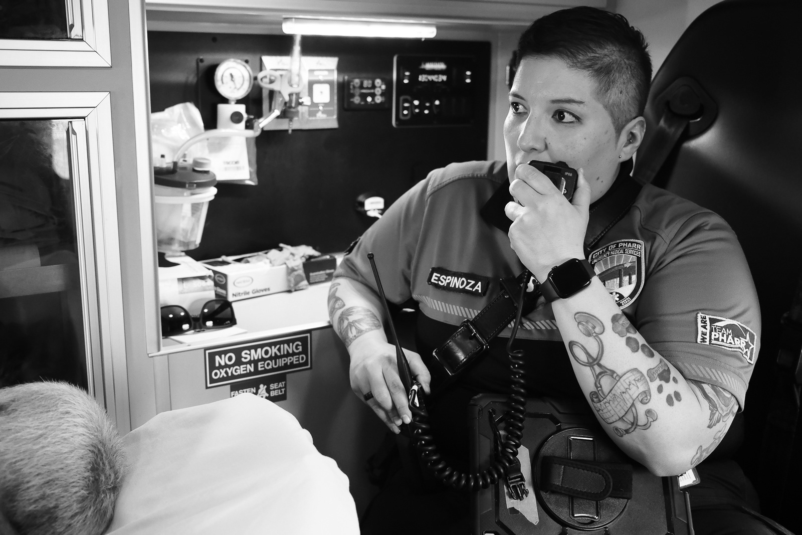 Paramedic Espinoza calling EMS report over the radio.