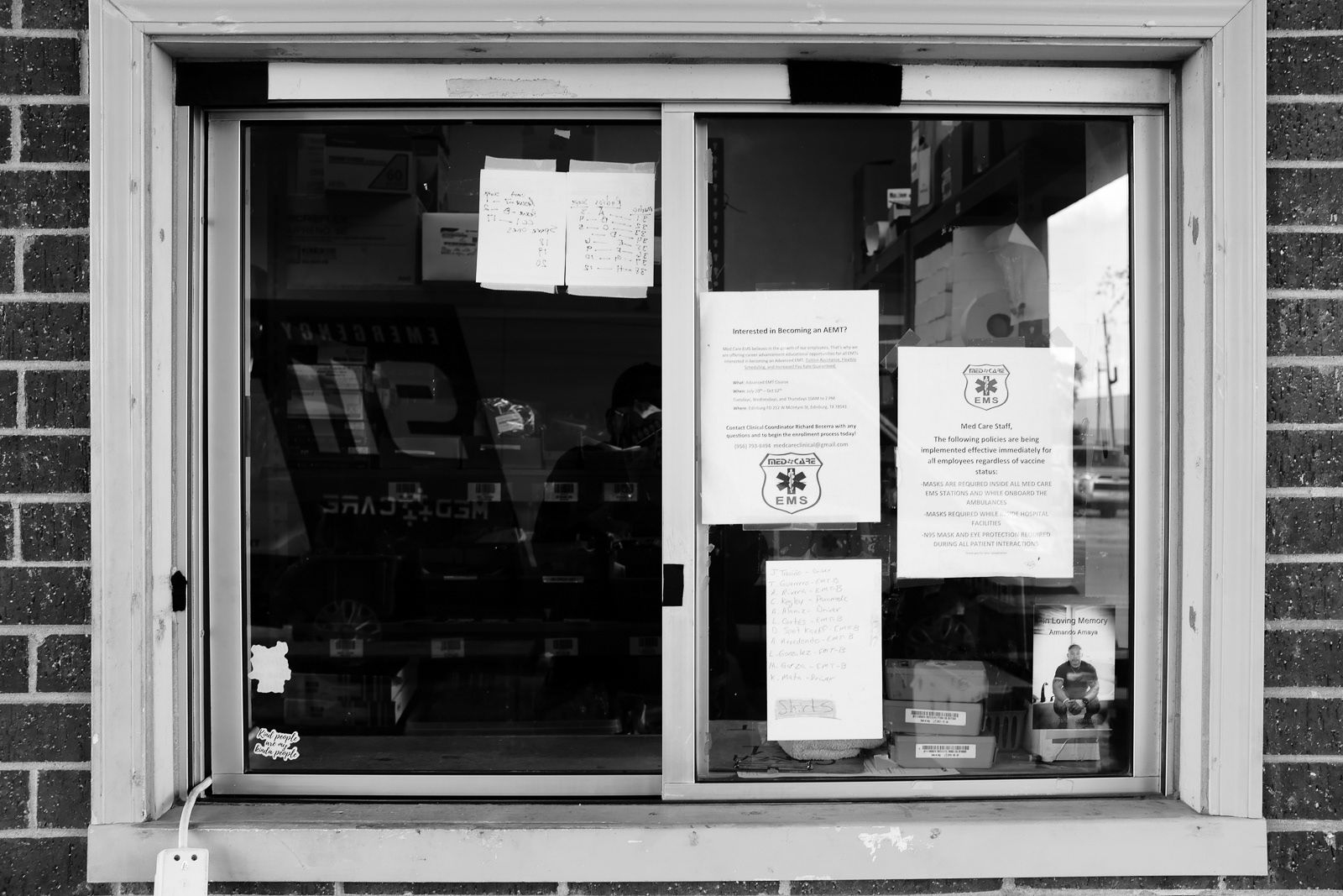A tribute to Armando Amaya on the window.