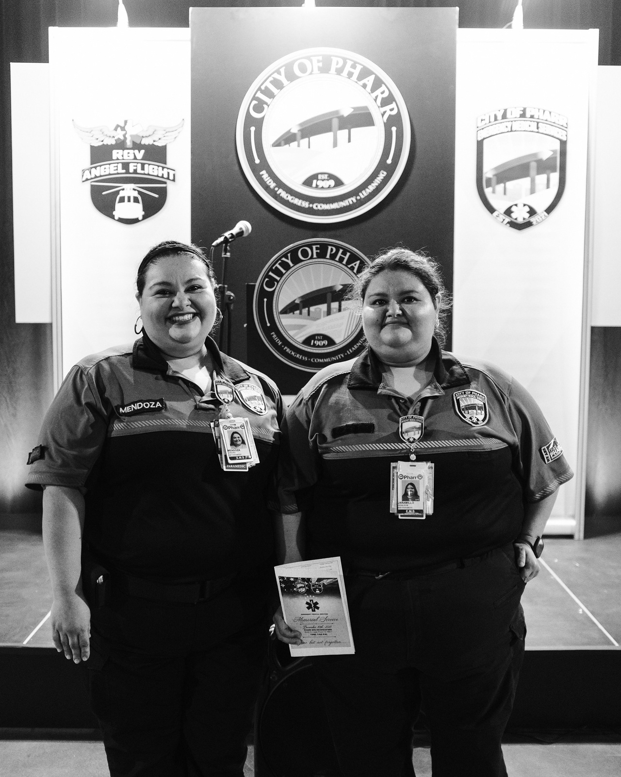 D. Mendoza, Licensed Paramedic, (left) with 16 years of service, and O. Mendoza, Licensed Paramedic, (right) with 13 years of service, attending Pharr EMS Memorial Service.
