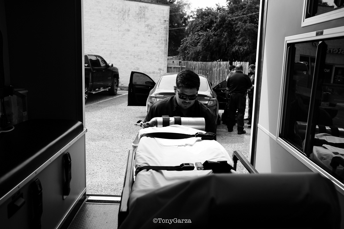 Off-loading the stretcher; patients are not allowed to walk for their own safety.